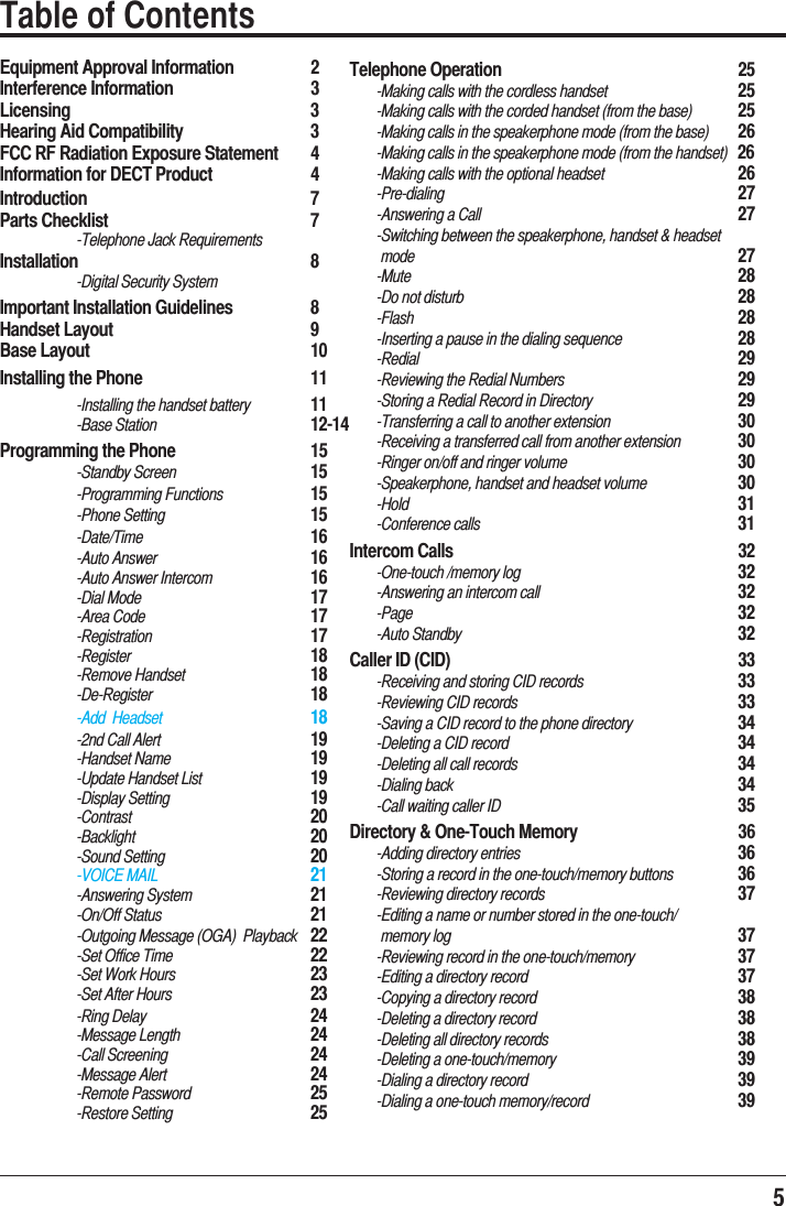 5Equipment Approval Information   2Interference Information     3Licensing     3Hearing Aid Compatibility     3FCC RF Radiation Exposure Statement   4Information for DECT Product     4Introduction      7Parts Checklist    7  -Telephone Jack Requirements    Installation    8 -Digital Security SystemImportant Installation Guidelines   8Handset Layout       9Base Layout       10Installing the Phone       11  -Installing the handset battery  11 -Base Station  12-14Programming the Phone     15 -Standby Screen    15 -Programming Functions    15 -Phone Setting  15 -Date/Time     16 -Auto Answer  16 -Auto Answer Intercom    16 -Dial Mode   17      -Area Code      17 -Registration     17 -Register   18 -Remove Handset    18 -De-Register     18  -2nd Call Alert    19  -Add  Headset    18 -Handset Name  19  -Update Handset List    19 -Display Setting  19     -Contrast   20 -Backlight   20 -Sound Setting  20 -Answering System  21 -VOICE MAIL  21 -On/Off Status  21  -Outgoing Message (OGA)  Playback  22  -Set Office Time    22 -Set Work Hours  23 -Set After Hours  23 -Ring Delay   24 -Message Length  24 -Call Screening  24 -Message Alert  24 -Remote Password  25 -Restore Setting  25     Table of ContentsTelephone Operation     25       -Making calls with the cordless handset     25       -Making calls with the corded handset (from the base)   25       -Making calls in the speakerphone mode (from the base)   26       -Making calls in the speakerphone mode (from the handset)  26       -Making calls with the optional headset     26       -Pre-dialing        27       -Answering a Call         27       -Switching between the speakerphone, handset &amp; headset         mode           27       -Mute      28       -Do not disturb         28       -Flash      28       -Inserting a pause in the dialing sequence     28       -Redial      29       -Reviewing the Redial Numbers       29       -Storing a Redial Record in Directory     29       -Transferring a call to another extension     30       -Receiving a transferred call from another extension   30       -Ringer on/off and ringer volume       30       -Speakerphone, handset and headset volume     30       -Hold      31       -Conference calls         31Intercom Calls     32       -One-touch /memory log       32       -Answering an intercom call       32       -Page      32       -Auto Standby         32Caller ID (CID)     33       -Receiving and storing CID records     33       -Reviewing CID records       33       -Saving a CID record to the phone directory     34       -Deleting a CID record       34       -Deleting all call records       34       -Dialing back         34       -Call waiting caller ID        35Directory &amp; One-Touch Memory      36       -Adding directory entries       36       -Storing a record in the one-touch/memory buttons   36       -Reviewing directory records       37       -Editing a name or number stored in the one-touch/         memory log         37       -Reviewing record in the one-touch/memory     37       -Editing a directory record       37       -Copying a directory record       38       -Deleting a directory record       38       -Deleting all directory records       38       -Deleting a one-touch/memory       39       -Dialing a directory record       39       -Dialing a one-touch memory/record     39    