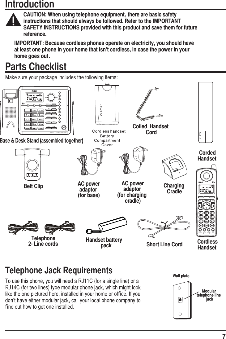 7IntroductionCAUTION: When using telephone equipment, there are basic safety instructions that should always be followed. Refer to the IMPORTANT SAFETY INSTRUCTIONS provided with this product and save them for future reference.IMPORTANT: Because cordless phones operate on electricity, you should have at least one phone in your home that isn’t cordless, in case the power in your home goes out.Corded HandsetHandset battery packTelephone  2- Line cordsAC power   adaptor  (for base)Parts ChecklistShort Line CordBelt ClipCoiled  Handset CordCharging CradleTelephone Jack RequirementsﬁﬁModular  telephone line jackWall plateCordless HandsetAC power   adaptor  (for charging cradle)7