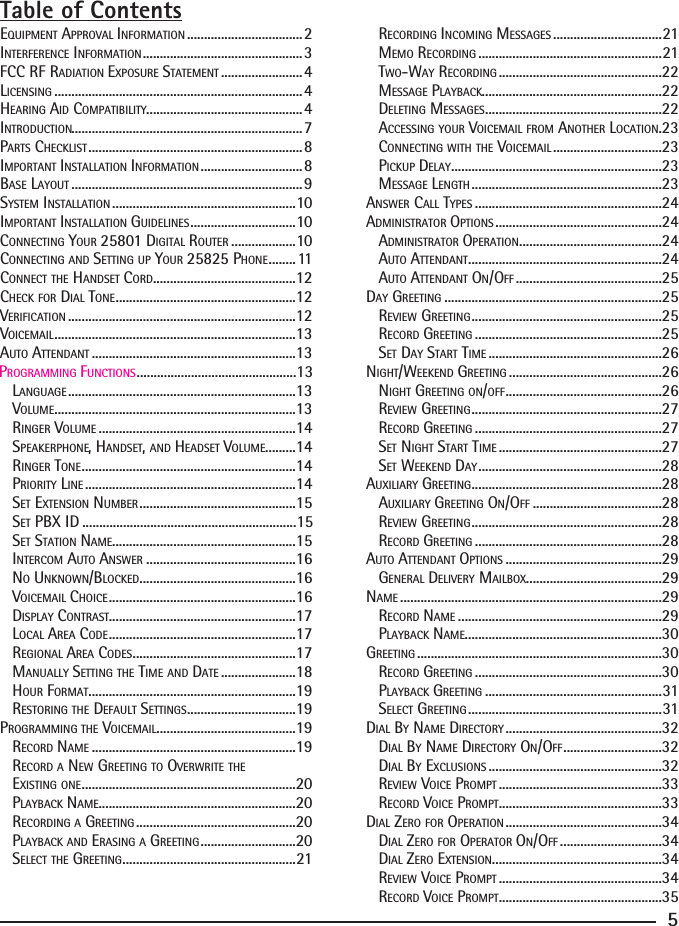 EQUIPMENT APPROVAL INFORMATION ..................................2INTERFERENCE INFORMATION ...............................................3FCC RF RADIATION EXPOSURE STATEMENT ........................4LICENSING .........................................................................4HEARING AID COMPATIBILITY ..............................................4INTRODUCTION....................................................................7PARTS CHECKLIST ...............................................................8IMPORTANT INSTALLATION INFORMATION ..............................8BASE LAYOUT .................................................................... 9SYSTEM INSTALLATION ......................................................10IMPORTANT INSTALLATION GUIDELINES ...............................10CONNECTING YOUR 25801 DIGITAL ROUTER ...................10CONNECTING AND SETTING UP YOUR 25825 PHONE ........ 11CONNECT THE HANDSET CORD ..........................................12CHECK FOR DIAL TONE .....................................................12VERIFICATION ...................................................................12VOICEMAIL .......................................................................13AUTO ATTENDANT ............................................................13  PROGRAMMING FUNCTIONS ...............................................13  LANGUAGE ...................................................................13  VOLUME .......................................................................13  RINGER VOLUME ..........................................................14  SPEAKERPHONE, HANDSET, AND HEADSET VOLUME .........14  RINGER TONE ...............................................................14  PRIORITY LINE ..............................................................14  SET EXTENSION NUMBER ..............................................15  SET PBX ID ...............................................................15  SET STATION NAME ......................................................15  INTERCOM AUTO ANSWER ............................................16  NO UNKNOWN/BLOCKED ..............................................16  VOICEMAIL CHOICE .......................................................16  DISPLAY CONTRAST .......................................................17  LOCAL AREA CODE .......................................................17  REGIONAL AREA CODES ................................................17  MANUALLY SETTING THE TIME AND DATE ......................18  HOUR FORMAT .............................................................19  RESTORING THE DEFAULT SETTINGS ................................19PROGRAMMING THE VOICEMAIL .........................................19  RECORD NAME ............................................................19  RECORD A NEW GREETING TO OVERWRITE THE  EXISTING ONE ...............................................................20  PLAYBACK NAME ..........................................................20  RECORDING A GREETING ...............................................20  PLAYBACK AND ERASING A GREETING ............................20  SELECT THE GREETING ...................................................21  RECORDING INCOMING MESSAGES ................................21  MEMO RECORDING ......................................................21  TWO-WAY RECORDING ................................................22  MESSAGE PLAYBACK .....................................................22  DELETING MESSAGES ....................................................22  ACCESSING YOUR VOICEMAIL FROM ANOTHER LOCATION .23  CONNECTING WITH THE VOICEMAIL ................................23  PICKUP DELAY ..............................................................23  MESSAGE LENGTH ........................................................23ANSWER CALL TYPES .......................................................24ADMINISTRATOR OPTIONS .................................................24  ADMINISTRATOR OPERATION ..........................................24  AUTO ATTENDANT .........................................................24  AUTO ATTENDANT ON/OFF ...........................................25DAY GREETING ................................................................25  REVIEW GREETING ........................................................25  RECORD GREETING .......................................................25  SET DAY START TIME ...................................................26NIGHT/WEEKEND GREETING .............................................26  NIGHT GREETING ON/OFF ..............................................26  REVIEW GREETING ........................................................27  RECORD GREETING .......................................................27  SET NIGHT START TIME ................................................27  SET WEEKEND DAY ......................................................28AUXILIARY GREETING ........................................................28  AUXILIARY GREETING ON/OFF ......................................28  REVIEW GREETING ........................................................28  RECORD GREETING .......................................................28AUTO ATTENDANT OPTIONS ..............................................29  GENERAL DELIVERY MAILBOX ........................................29NAME .............................................................................29  RECORD NAME ............................................................29  PLAYBACK NAME ..........................................................30GREETING ........................................................................30  RECORD GREETING .......................................................30  PLAYBACK GREETING ....................................................31  SELECT GREETING .........................................................31DIAL BY NAME DIRECTORY ..............................................32  DIAL BY NAME DIRECTORY ON/OFF .............................32  DIAL BY EXCLUSIONS ...................................................32  REVIEW VOICE PROMPT ................................................33  RECORD VOICE PROMPT ................................................33DIAL ZERO FOR OPERATION ..............................................34 DIAL ZERO FOR OPERATOR ON/OFF ..............................34  DIAL ZERO EXTENSION ..................................................34 REVIEW VOICE PROMPT ................................................34  RECORD VOICE PROMPT ................................................355Table of Contents