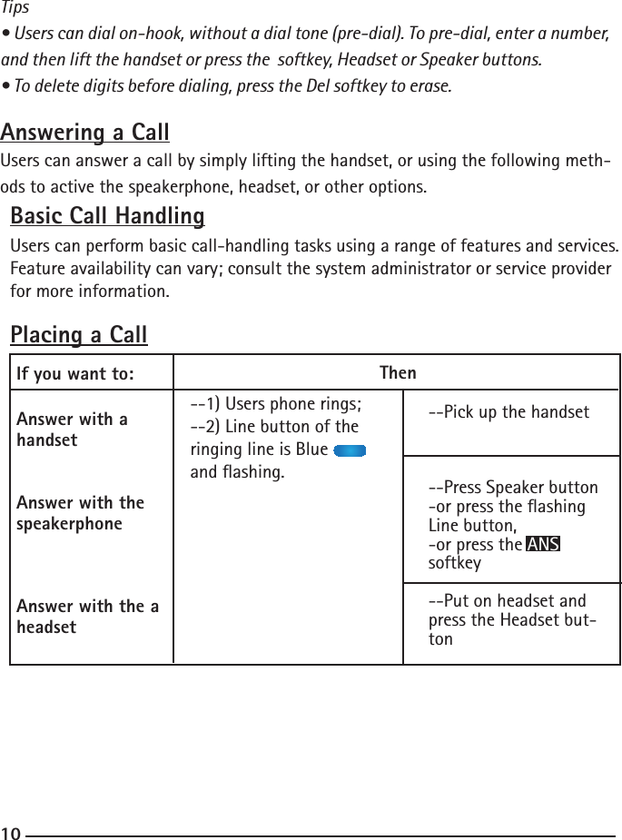 10Tips• Users can dial on-hook, without a dial tone (pre-dial). To pre-dial, enter a number, and then lift the handset or press the  softkey, Headset or Speaker buttons. • To delete digits before dialing, press the Del softkey to erase.Answering a CallUsers can answer a call by simply lifting the handset, or using the following meth-ods to active the speakerphone, headset, or other options.Basic Call HandlingUsers can perform basic call-handling tasks using a range of features and services. Feature availability can vary; consult the system administrator or service provider for more information.Placing a CallIf you want to:Answer with a handsetAnswer with the speakerphone Answer with the a  headset--1) Users phone rings; --2) Line button of the ringing line is Blueand ashing.--Pick up the handset--Press Speaker button-or press the ashing Line button,-or press the ANS         softkey--Put on headset and press the Headset but-tonThen