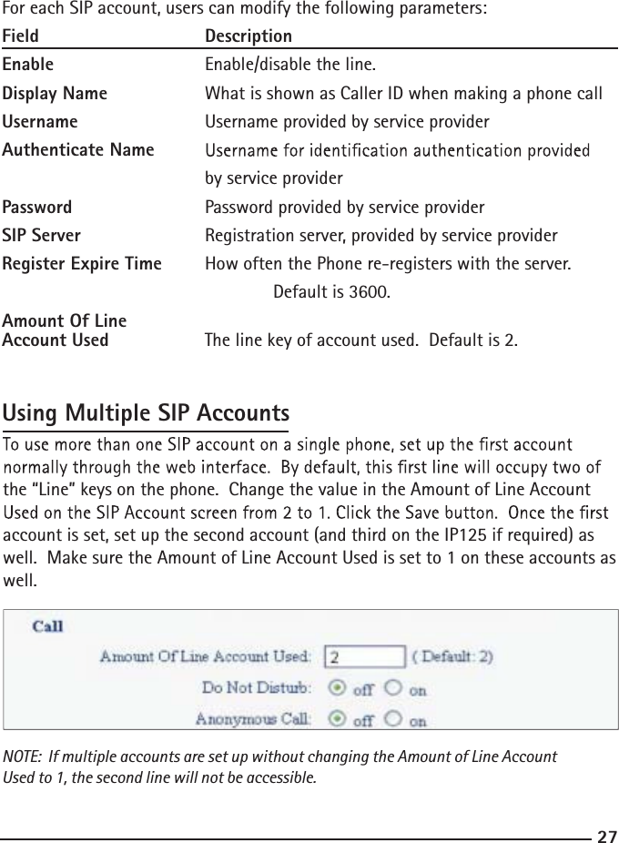 27For each SIP account, users can modify the following parameters:Field   DescriptionEnable   Enable/disable the line.Display Name    What is shown as Caller ID when making a phone callUsername    Username provided by service providerAuthenticate Nameby service providerPassword  Password provided by service providerSIP Server    Registration server, provided by service providerRegister Expire Time  How often the Phone re-registers with the server.       Default is 3600.Amount Of Line Account Used    The line key of account used.  Default is 2.Using Multiple SIP AccountsNOTE:  If multiple accounts are set up without changing the Amount of Line Account Used to 1, the second line will not be accessible.the “Line” keys on the phone.  Change the value in the Amount of Line Account account is set, set up the second account (and third on the IP125 if required) as well.  Make sure the Amount of Line Account Used is set to 1 on these accounts as well. 