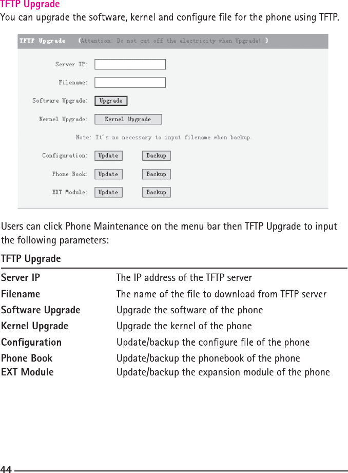 44TFTP Upgrade Users can click Phone Maintenance on the menu bar then TFTP Upgrade to input the following parameters:TFTP UpgradeServer IP    The IP address of the TFTP serverFilename  Software Upgrade Upgrade the software of the phoneKernel Upgrade   Upgrade the kernel of the phone  Phone Book    Update/backup the phonebook of the phoneEXT Module    Update/backup the expansion module of the phone