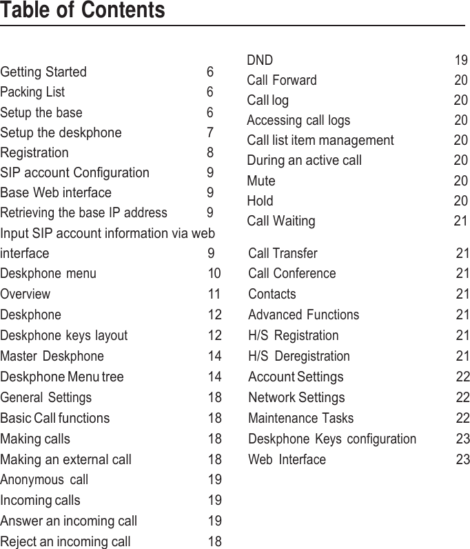     Table of Contents   Getting Started  6 Packing List  6 Setup the base  6 Setup the deskphone  7 Registration  8 SIP account Configuration  9 Base Web interface  9 Retrieving the base IP address  9 Input SIP account information via web DND  19 Call Forward  20 Call log  20 Accessing call logs  20 Call list item management  20 During an active call  20 Mute  20 Hold  20 Call Waiting    21 interface 9 Call Transfer 21 Deskphone menu 10 Call Conference 21 Overview 11 Contacts 21 Deskphone 12 Advanced Functions 21 Deskphone keys layout 12 H/S  Registration 21 Master  Deskphone 14 H/S  Deregistration 21 Deskphone Menu tree 14 Account Settings 22 General Settings 18 Network Settings 22 Basic Call functions 18 Maintenance Tasks 22 Making calls 18 Deskphone  Keys configuration 23 Making an external call 18 Web  Interface 23 Anonymous  call 19   Incoming calls 19   Answer an incoming call 19   Reject an incoming call 18       