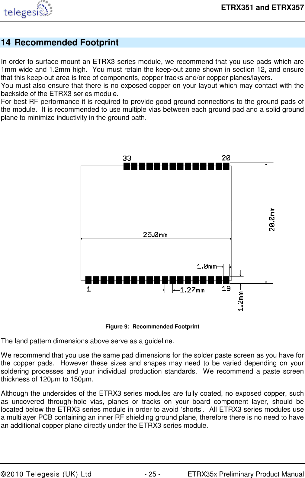  ETRX351 and ETRX357  ©2010 Telegesis (UK) Ltd  - 25 -  ETRX35x Preliminary Product Manual 14 Recommended Footprint  In order to surface mount an ETRX3 series module, we recommend that you use pads which are 1mm wide and 1.2mm high.  You must retain the keep-out zone shown in section 12, and ensure that this keep-out area is free of components, copper tracks and/or copper planes/layers.  You must also ensure that there is no exposed copper on your layout which may contact with the backside of the ETRX3 series module.  For best RF performance it is required to provide good ground connections to the ground pads of the module.  It is recommended to use multiple vias between each ground pad and a solid ground plane to minimize inductivity in the ground path.  Figure 9:  Recommended Footprint The land pattern dimensions above serve as a guideline.  We recommend that you use the same pad dimensions for the solder paste screen as you have for the copper pads.  However these sizes and shapes may need to be varied depending on your soldering processes and  your individual production standards.  We recommend a paste screen thickness of 120µm to 150µm.  Although the undersides of the ETRX3 series modules are fully coated, no exposed copper, such as  uncovered  through-hole  vias,  planes  or  tracks  on  your  board  component  layer,  should  be located below the ETRX3 series module in order to avoid ‘shorts’.  All ETRX3 series modules use a multilayer PCB containing an inner RF shielding ground plane, therefore there is no need to have an additional copper plane directly under the ETRX3 series module. 