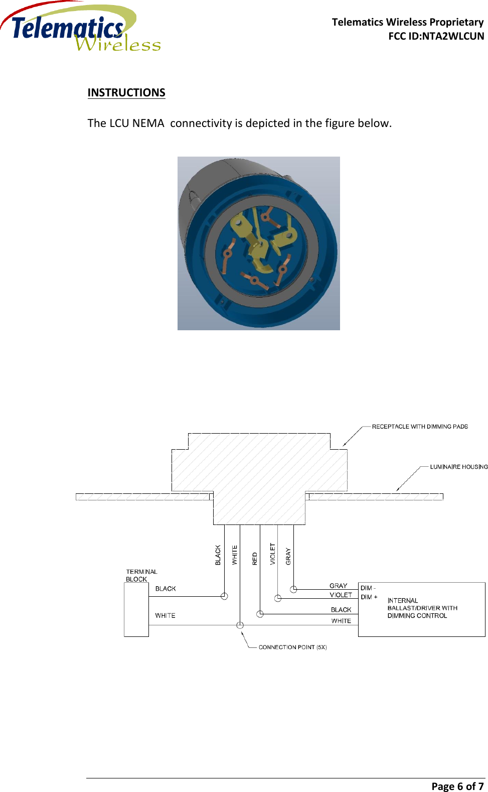     Telematics Wireless Proprietary FCC ID:NTA2WLCUN                        Page 6 of 7    INSTRUCTIONS  The LCU NEMA  connectivity is depicted in the figure below.                 