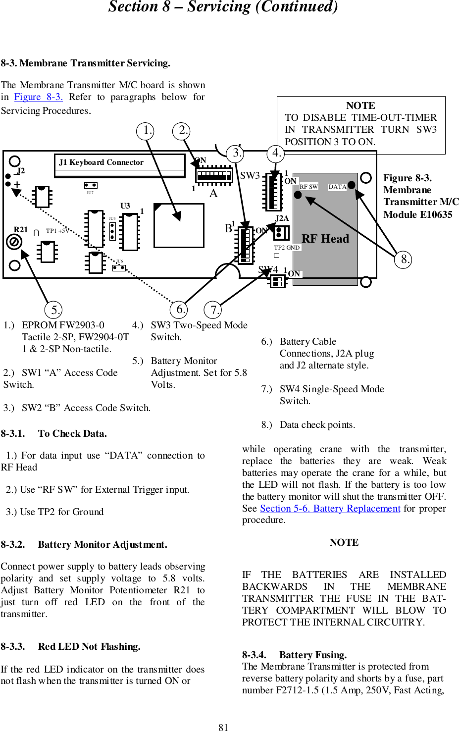 Section 8 – Servicing (Continued)818-3. Membrane Transmitter Servicing.The Membrane Transmitter M/C board is shownin  Figure 8-3. Refer to paragraphs below forServicing Procedures.8-3.1. To Check Data.  1.) For data input use “DATA” connection toRF Head  2.) Use “RF SW” for External Trigger input.  3.) Use TP2 for Ground8-3.2. Battery Monitor Adjustment.Connect power supply to battery leads observingpolarity and set supply voltage to 5.8 volts.Adjust Battery Monitor Potentiometer R21 tojust turn off red LED on the front of thetransmitter.8-3.3. Red LED Not Flashing.If the red LED indicator on the transmitter doesnot flash when the transmitter is turned ON orwhile operating crane with the transmitter,replace the batteries they are weak. Weakbatteries may operate the crane for a while, butthe LED will not flash. If the battery is too lowthe battery monitor will shut the transmitter OFF.See Section 5-6. Battery Replacement for properprocedure.NOTEIF THE BATTERIES ARE INSTALLEDBACKWARDS IN THE MEMBRANETRANSMITTER THE FUSE IN THE BAT-TERY COMPARTMENT WILL BLOW TOPROTECT THE INTERNAL CIRCUITRY.8-3.4. Battery Fusing.The Membrane Transmitter is protected fromreverse battery polarity and shorts by a fuse, partnumber F2712-1.5 (1.5 Amp, 250V, Fast Acting,4.) SW3 Two-Speed ModeSwitch.5.) Battery MonitorAdjustment. Set for 5.8Volts.6.) Battery CableConnections, J2A plugand J2 alternate style.7.) SW4 Single-Speed ModeSwitch.8.) Data check points.1.) EPROM FW2903-0Tactile 2-SP, FW2904-0T1 &amp; 2-SP Non-tactile.2.) SW1 “A” Access CodeSwitch.3.) SW2 “B” Access Code Switch.NOTETO DISABLE TIME-OUT-TIMERIN TRANSMITTER TURN SW3POSITION 3 TO ON.Figure 8-3.MembraneTransmitter M/CModule E10635J1 Keyboard ConnectorRF HeadBONABSW3SW4ONONON1111_+1U3R21J2J2A4.2.3.TP1 +5VJU7JU5JU6TP2 GNDRF SW       DATA8.1.5. 6. 7.