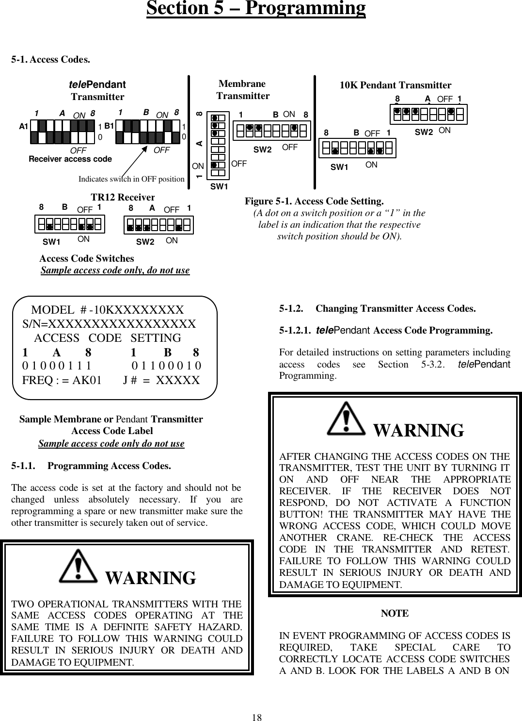 Section 5 – Programming  18   5-1. Access Codes.                                   5-1.1. Programming Access Codes. The access code is set at the factory and should not be changed unless absolutely necessary. If you are reprogramming a spare or new transmitter make sure the other transmitter is securely taken out of service.    WARNING TWO OPERATIONAL TRANSMITTERS WITH THE SAME ACCESS CODES OPERATING AT THE SAME TIME IS A DEFINITE SAFETY HAZARD. FAILURE TO FOLLOW THIS WARNING COULD RESULT IN SERIOUS INJURY OR DEATH AND DAMAGE TO EQUIPMENT.            5-1.2. Changing Transmitter Access Codes. 5-1.2.1. telePendant Access Code Programming. For detailed instructions on setting parameters including access codes see  Section  5-3.2.  telePendant Programming.   WARNING AFTER CHANGING THE ACCESS CODES ON THE TRANSMITTER, TEST THE UNIT BY TURNING IT ON AND OFF NEAR THE APPROPRIATE RECEIVER. IF THE RECEIVER DOES NOT RESPOND, DO NOT ACTIVATE A FUNCTION BUTTON! THE TRANSMITTER MAY HAVE THE WRONG ACCESS CODE, WHICH COULD MOVE ANOTHER CRANE. RE-CHECK THE ACCESS CODE IN THE TRANSMITTER AND RETEST. FAILURE TO FOLLOW THIS WARNING COULD RESULT IN SERIOUS INJURY OR DEATH AND DAMAGE TO EQUIPMENT. NOTE IN EVENT PROGRAMMING OF ACCESS CODES IS REQUIRED, TAKE SPECIAL CARE TO CORRECTLY LOCATE ACCESS CODE SWITCHES A AND B. LOOK FOR THE LABELS A AND B ON Figure 5-1. Access Code Setting. (A dot on a switch position or a “1” in the label is an indication that the respective switch position should be ON). Sample Membrane or Pendant Transmitter Access Code Label Sample access code only do not use SW1 Membrane Transmitter 10K Pendant Transmitter SW1 OFF  1            A           8 ON OFF ON  8           B            1    MODEL  # -10KXXXXXXXX S/N=XXXXXXXXXXXXXXXXX     ACCESS   CODE   SETTING 1        A        8             1         B       8 0 1 0 0 0 1 1 1             0 1 1 0 0 0 1 0 FREQ : = AK01       J #  =  XXXXX    Access Code Switches Sample access code only, do not use  SW2 ON ON SW1  8       A              1 OFF OFF    8        B             1 TR12 Receiver ON  8            A           1 SW2 OFF  8           A            1  1             B           8 OFF ON SW2 OFF A1 telePendant Transmitter  1         A           8 ON OFF  1         B           8 ON OFF B1 Receiver access code 1 0 1 0 Indicates switch in OFF position 
