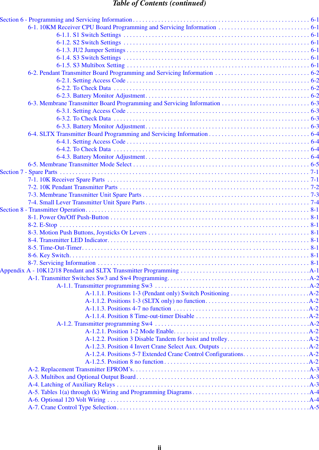 Table of Contents (continued)iiSection 6 - Programming and Servicing Information. . . . . . . . . . . . . . . . . . . . . . . . . . . . . . . . . . . . . . . . . . . . . . . . . . . . . . . . 6-16-1. 10KM Receiver CPU Board Programming and Servicing Information . . . . . . . . . . . . . . . . . . . . . . . . . . . . . 6-16-1.1. S1 Switch Settings  . . . . . . . . . . . . . . . . . . . . . . . . . . . . . . . . . . . . . . . . . . . . . . . . . . . . . . . . . . . 6-16-1.2. S2 Switch Settings  . . . . . . . . . . . . . . . . . . . . . . . . . . . . . . . . . . . . . . . . . . . . . . . . . . . . . . . . . . . 6-16-1.3. JU2 Jumper Settings . . . . . . . . . . . . . . . . . . . . . . . . . . . . . . . . . . . . . . . . . . . . . . . . . . . . . . . . . . 6-16-1.4. S3 Switch Settings  . . . . . . . . . . . . . . . . . . . . . . . . . . . . . . . . . . . . . . . . . . . . . . . . . . . . . . . . . . . 6-16-1.5. S3 Multibox Setting . . . . . . . . . . . . . . . . . . . . . . . . . . . . . . . . . . . . . . . . . . . . . . . . . . . . . . . . . . 6-16-2. Pendant Transmitter Board Programming and Servicing Information . . . . . . . . . . . . . . . . . . . . . . . . . . . . . . 6-26-2.1. Setting Access Code . . . . . . . . . . . . . . . . . . . . . . . . . . . . . . . . . . . . . . . . . . . . . . . . . . . . . . . . . . 6-26-2.2. To Check Data  . . . . . . . . . . . . . . . . . . . . . . . . . . . . . . . . . . . . . . . . . . . . . . . . . . . . . . . . . . . . . . 6-26-2.3. Battery Monitor Adjustment. . . . . . . . . . . . . . . . . . . . . . . . . . . . . . . . . . . . . . . . . . . . . . . . . . . . 6-26-3. Membrane Transmitter Board Programming and Servicing Information . . . . . . . . . . . . . . . . . . . . . . . . . . . . 6-36-3.1. Setting Access Code . . . . . . . . . . . . . . . . . . . . . . . . . . . . . . . . . . . . . . . . . . . . . . . . . . . . . . . . . . 6-36-3.2. To Check Data  . . . . . . . . . . . . . . . . . . . . . . . . . . . . . . . . . . . . . . . . . . . . . . . . . . . . . . . . . . . . . . 6-36-3.3. Battery Monitor Adjustment. . . . . . . . . . . . . . . . . . . . . . . . . . . . . . . . . . . . . . . . . . . . . . . . . . . . 6-36-4. SLTX Transmitter Board Programming and Servicing Information . . . . . . . . . . . . . . . . . . . . . . . . . . . . . . . . 6-46-4.1. Setting Access Code . . . . . . . . . . . . . . . . . . . . . . . . . . . . . . . . . . . . . . . . . . . . . . . . . . . . . . . . . . 6-46-4.2. To Check Data  . . . . . . . . . . . . . . . . . . . . . . . . . . . . . . . . . . . . . . . . . . . . . . . . . . . . . . . . . . . . . . 6-46-4.3. Battery Monitor Adjustment. . . . . . . . . . . . . . . . . . . . . . . . . . . . . . . . . . . . . . . . . . . . . . . . . . . . 6-46-5. Membrane Transmitter Mode Select . . . . . . . . . . . . . . . . . . . . . . . . . . . . . . . . . . . . . . . . . . . . . . . . . . . . . . . . 6-5Section 7 - Spare Parts  . . . . . . . . . . . . . . . . . . . . . . . . . . . . . . . . . . . . . . . . . . . . . . . . . . . . . . . . . . . . . . . . . . . . . . . . . . . . . . . 7-17-1. 10K Receiver Spare Parts  . . . . . . . . . . . . . . . . . . . . . . . . . . . . . . . . . . . . . . . . . . . . . . . . . . . . . . . . . . . . . . . . 7-17-2. 10K Pendant Transmitter Parts  . . . . . . . . . . . . . . . . . . . . . . . . . . . . . . . . . . . . . . . . . . . . . . . . . . . . . . . . . . . . 7-27-3. Membrane Transmitter Unit Spare Parts . . . . . . . . . . . . . . . . . . . . . . . . . . . . . . . . . . . . . . . . . . . . . . . . . . . . . 7-37-4. Small Lever Transmitter Unit Spare Parts. . . . . . . . . . . . . . . . . . . . . . . . . . . . . . . . . . . . . . . . . . . . . . . . . . . . 7-4Section 8 - Transmitter Operation. . . . . . . . . . . . . . . . . . . . . . . . . . . . . . . . . . . . . . . . . . . . . . . . . . . . . . . . . . . . . . . . . . . . . . . 8-18-1. Power On/Off Push-Button . . . . . . . . . . . . . . . . . . . . . . . . . . . . . . . . . . . . . . . . . . . . . . . . . . . . . . . . . . . . . . . 8-18-2. E-Stop  . . . . . . . . . . . . . . . . . . . . . . . . . . . . . . . . . . . . . . . . . . . . . . . . . . . . . . . . . . . . . . . . . . . . . . . . . . . . . . . 8-18-3. Motion Push Buttons, Joysticks Or Levers . . . . . . . . . . . . . . . . . . . . . . . . . . . . . . . . . . . . . . . . . . . . . . . . . . . 8-18-4. Transmitter LED Indicator. . . . . . . . . . . . . . . . . . . . . . . . . . . . . . . . . . . . . . . . . . . . . . . . . . . . . . . . . . . . . . . . 8-18-5. Time-Out-Timer. . . . . . . . . . . . . . . . . . . . . . . . . . . . . . . . . . . . . . . . . . . . . . . . . . . . . . . . . . . . . . . . . . . . . . . . 8-18-6. Key Switch. . . . . . . . . . . . . . . . . . . . . . . . . . . . . . . . . . . . . . . . . . . . . . . . . . . . . . . . . . . . . . . . . . . . . . . . . . . . 8-18-7. Servicing Information . . . . . . . . . . . . . . . . . . . . . . . . . . . . . . . . . . . . . . . . . . . . . . . . . . . . . . . . . . . . . . . . . . . 8-1Appendix A - 10K12/18 Pendant and SLTX Transmitter Programming . . . . . . . . . . . . . . . . . . . . . . . . . . . . . . . . . . . . . . . . .A-1A-1. Transmitter Switches Sw3 and Sw4 Programming. . . . . . . . . . . . . . . . . . . . . . . . . . . . . . . . . . . . . . . . . . . . .A-2A-1.1. Transmitter programming Sw3  . . . . . . . . . . . . . . . . . . . . . . . . . . . . . . . . . . . . . . . . . . . . . . . . .A-2A-1.1.1. Positions 1-3 (Pendant only) Switch Positioning . . . . . . . . . . . . . . . . . . . . . . . . .A-2A-1.1.2. Positions 1-3 (SLTX only) no function. . . . . . . . . . . . . . . . . . . . . . . . . . . . . . . . .A-2A-1.1.3. Positions 4-7 no function  . . . . . . . . . . . . . . . . . . . . . . . . . . . . . . . . . . . . . . . . . . .A-2A-1.1.4. Position 8 Time-out-timer Disable . . . . . . . . . . . . . . . . . . . . . . . . . . . . . . . . . . . .A-2A-1.2. Transmitter programming Sw4  . . . . . . . . . . . . . . . . . . . . . . . . . . . . . . . . . . . . . . . . . . . . . . . . .A-2A-1.2.1. Position 1-2 Mode Enable. . . . . . . . . . . . . . . . . . . . . . . . . . . . . . . . . . . . . . . . . . .A-2A-1.2.2. Position 3 Disable Tandem for hoist and trolley. . . . . . . . . . . . . . . . . . . . . . . . . .A-2A-1.2.3. Position 4 Invert Crane Select Aux. Outputs . . . . . . . . . . . . . . . . . . . . . . . . . . . .A-2A-1.2.4. Positions 5-7 Extended Crane Control Configurations. . . . . . . . . . . . . . . . . . . . .A-2A-1.2.5. Position 8 no function. . . . . . . . . . . . . . . . . . . . . . . . . . . . . . . . . . . . . . . . . . . . . .A-2A-2. Replacement Transmitter EPROM’s. . . . . . . . . . . . . . . . . . . . . . . . . . . . . . . . . . . . . . . . . . . . . . . . . . . . . . . .A-3A-3. Multibox and Optional Output Board. . . . . . . . . . . . . . . . . . . . . . . . . . . . . . . . . . . . . . . . . . . . . . . . . . . . . . .A-3A-4. Latching of Auxiliary Relays . . . . . . . . . . . . . . . . . . . . . . . . . . . . . . . . . . . . . . . . . . . . . . . . . . . . . . . . . . . . .A-3A-5. Tables 1(a) through (k) Wiring and Programming Diagrams. . . . . . . . . . . . . . . . . . . . . . . . . . . . . . . . . . . . .A-4A-6. Optional 120 Volt Wiring . . . . . . . . . . . . . . . . . . . . . . . . . . . . . . . . . . . . . . . . . . . . . . . . . . . . . . . . . . . . . . . .A-4A-7. Crane Control Type Selection. . . . . . . . . . . . . . . . . . . . . . . . . . . . . . . . . . . . . . . . . . . . . . . . . . . . . . . . . . . . .A-5