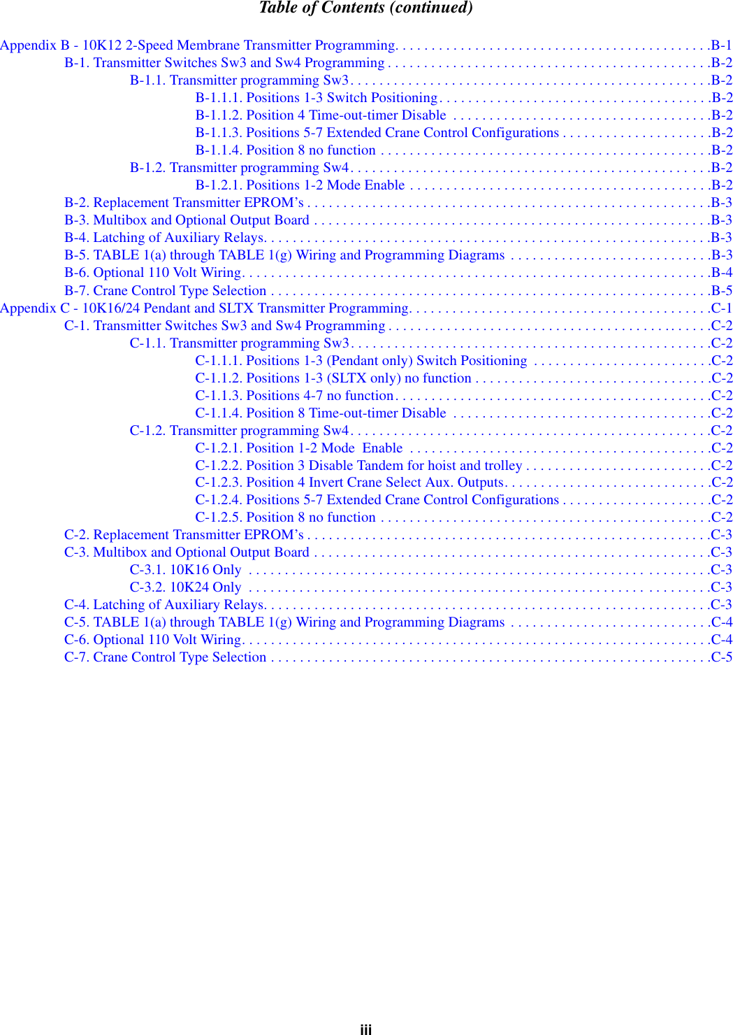 Table of Contents (continued)iiiAppendix B - 10K12 2-Speed Membrane Transmitter Programming. . . . . . . . . . . . . . . . . . . . . . . . . . . . . . . . . . . . . . . . . . . .B-1B-1. Transmitter Switches Sw3 and Sw4 Programming . . . . . . . . . . . . . . . . . . . . . . . . . . . . . . . . . . . . . . . . . . . . .B-2B-1.1. Transmitter programming Sw3. . . . . . . . . . . . . . . . . . . . . . . . . . . . . . . . . . . . . . . . . . . . . . . . . .B-2B-1.1.1. Positions 1-3 Switch Positioning. . . . . . . . . . . . . . . . . . . . . . . . . . . . . . . . . . . . . .B-2B-1.1.2. Position 4 Time-out-timer Disable  . . . . . . . . . . . . . . . . . . . . . . . . . . . . . . . . . . . .B-2B-1.1.3. Positions 5-7 Extended Crane Control Configurations . . . . . . . . . . . . . . . . . . . . .B-2B-1.1.4. Position 8 no function . . . . . . . . . . . . . . . . . . . . . . . . . . . . . . . . . . . . . . . . . . . . . .B-2B-1.2. Transmitter programming Sw4. . . . . . . . . . . . . . . . . . . . . . . . . . . . . . . . . . . . . . . . . . . . . . . . . .B-2B-1.2.1. Positions 1-2 Mode Enable . . . . . . . . . . . . . . . . . . . . . . . . . . . . . . . . . . . . . . . . . .B-2B-2. Replacement Transmitter EPROM’s . . . . . . . . . . . . . . . . . . . . . . . . . . . . . . . . . . . . . . . . . . . . . . . . . . . . . . . .B-3B-3. Multibox and Optional Output Board . . . . . . . . . . . . . . . . . . . . . . . . . . . . . . . . . . . . . . . . . . . . . . . . . . . . . . .B-3B-4. Latching of Auxiliary Relays. . . . . . . . . . . . . . . . . . . . . . . . . . . . . . . . . . . . . . . . . . . . . . . . . . . . . . . . . . . . . .B-3B-5. TABLE 1(a) through TABLE 1(g) Wiring and Programming Diagrams  . . . . . . . . . . . . . . . . . . . . . . . . . . . .B-3B-6. Optional 110 Volt Wiring. . . . . . . . . . . . . . . . . . . . . . . . . . . . . . . . . . . . . . . . . . . . . . . . . . . . . . . . . . . . . . . . .B-4B-7. Crane Control Type Selection . . . . . . . . . . . . . . . . . . . . . . . . . . . . . . . . . . . . . . . . . . . . . . . . . . . . . . . . . . . . .B-5Appendix C - 10K16/24 Pendant and SLTX Transmitter Programming. . . . . . . . . . . . . . . . . . . . . . . . . . . . . . . . . . . . . . . . . .C-1C-1. Transmitter Switches Sw3 and Sw4 Programming . . . . . . . . . . . . . . . . . . . . . . . . . . . . . . . . . . . . . . . . . . . . .C-2C-1.1. Transmitter programming Sw3. . . . . . . . . . . . . . . . . . . . . . . . . . . . . . . . . . . . . . . . . . . . . . . . . .C-2C-1.1.1. Positions 1-3 (Pendant only) Switch Positioning  . . . . . . . . . . . . . . . . . . . . . . . . .C-2C-1.1.2. Positions 1-3 (SLTX only) no function . . . . . . . . . . . . . . . . . . . . . . . . . . . . . . . . .C-2C-1.1.3. Positions 4-7 no function. . . . . . . . . . . . . . . . . . . . . . . . . . . . . . . . . . . . . . . . . . . .C-2C-1.1.4. Position 8 Time-out-timer Disable  . . . . . . . . . . . . . . . . . . . . . . . . . . . . . . . . . . . .C-2C-1.2. Transmitter programming Sw4. . . . . . . . . . . . . . . . . . . . . . . . . . . . . . . . . . . . . . . . . . . . . . . . . .C-2C-1.2.1. Position 1-2 Mode  Enable  . . . . . . . . . . . . . . . . . . . . . . . . . . . . . . . . . . . . . . . . . .C-2C-1.2.2. Position 3 Disable Tandem for hoist and trolley . . . . . . . . . . . . . . . . . . . . . . . . . .C-2C-1.2.3. Position 4 Invert Crane Select Aux. Outputs. . . . . . . . . . . . . . . . . . . . . . . . . . . . .C-2C-1.2.4. Positions 5-7 Extended Crane Control Configurations . . . . . . . . . . . . . . . . . . . . .C-2C-1.2.5. Position 8 no function . . . . . . . . . . . . . . . . . . . . . . . . . . . . . . . . . . . . . . . . . . . . . .C-2C-2. Replacement Transmitter EPROM’s . . . . . . . . . . . . . . . . . . . . . . . . . . . . . . . . . . . . . . . . . . . . . . . . . . . . . . . .C-3C-3. Multibox and Optional Output Board . . . . . . . . . . . . . . . . . . . . . . . . . . . . . . . . . . . . . . . . . . . . . . . . . . . . . . .C-3C-3.1. 10K16 Only  . . . . . . . . . . . . . . . . . . . . . . . . . . . . . . . . . . . . . . . . . . . . . . . . . . . . . . . . . . . . . . . .C-3C-3.2. 10K24 Only  . . . . . . . . . . . . . . . . . . . . . . . . . . . . . . . . . . . . . . . . . . . . . . . . . . . . . . . . . . . . . . . .C-3C-4. Latching of Auxiliary Relays. . . . . . . . . . . . . . . . . . . . . . . . . . . . . . . . . . . . . . . . . . . . . . . . . . . . . . . . . . . . . .C-3C-5. TABLE 1(a) through TABLE 1(g) Wiring and Programming Diagrams  . . . . . . . . . . . . . . . . . . . . . . . . . . . .C-4C-6. Optional 110 Volt Wiring. . . . . . . . . . . . . . . . . . . . . . . . . . . . . . . . . . . . . . . . . . . . . . . . . . . . . . . . . . . . . . . . .C-4C-7. Crane Control Type Selection . . . . . . . . . . . . . . . . . . . . . . . . . . . . . . . . . . . . . . . . . . . . . . . . . . . . . . . . . . . . .C-5