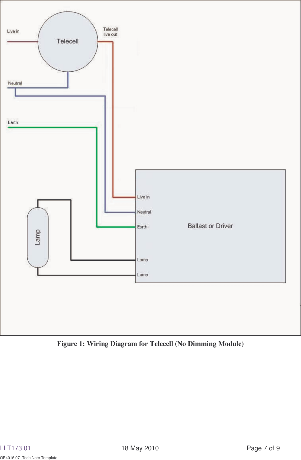 LLT173 01       18 May 2010  Page 7 of 9  QP4016 07- Tech Note Template  Figure 1: Wiring Diagram for Telecell (No Dimming Module) 