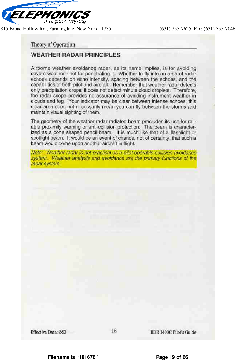 815 Broad Hollow Rd., Farmingdale, New York 11735 (631) 755-7625  Fax: (631) 755-7046Filename is “101676” Page 19 of 66