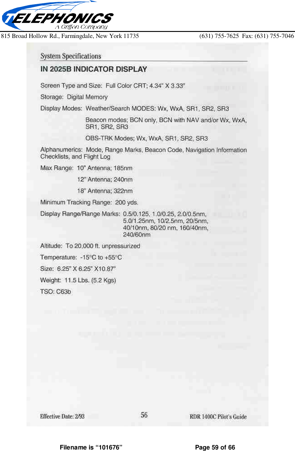 815 Broad Hollow Rd., Farmingdale, New York 11735 (631) 755-7625  Fax: (631) 755-7046Filename is “101676” Page 59 of 66