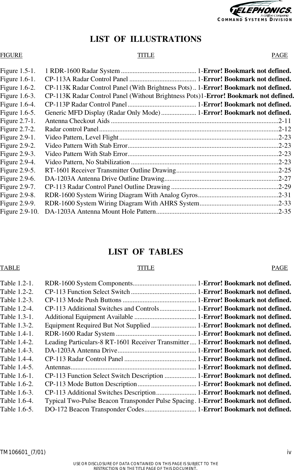    TM106601_(7/01) iv  USE OR DISCLOSURE OF DATA CONTAINED ON THIS PAGE IS SUBJECT TO THE RESTRICTION ON THE TITLE PAGE OF THIS DOCUMENT. COMMAND SYSTEMS DIVISION LIST  OF  ILLUSTRATIONS  FIGURE TITLE PAGE  Figure 1.5-1.   1 RDR-1600 Radar System ............................................. 1-Error! Bookmark not defined. Figure 1.6-1.  CP-113A Radar Control Panel ........................................ 1-Error! Bookmark not defined. Figure 1.6-2.   CP-113K Radar Control Panel (With Brightness Pots) .. 1-Error! Bookmark not defined. Figure 1.6-3.  CP-113K Radar Control Panel (Without Brightness Pots)1-Error! Bookmark not defined. Figure 1.6-4.   CP-113P Radar Control Panel......................................... 1-Error! Bookmark not defined. Figure 1.6-5.   Generic MFD Display (Radar Only Mode)..................... 1-Error! Bookmark not defined. Figure 2.7-1.   Antenna Checkout Aids ....................................................................................................2-11 Figure 2.7-2. Radar control Panel...........................................................................................................2-12 Figure 2.9-1.   Video Pattern, Level Flight...............................................................................................2-23 Figure 2.9-2.    Video Pattern With Stab Error..........................................................................................2-23 Figure 2.9-3.   Video Pattern With Stab Error..........................................................................................2-23 Figure 2.9-4.    Video Pattern, No Stabilization ........................................................................................2-23 Figure 2.9-5.   RT-1601 Receiver Transmitter Outline Drawing.............................................................2-25 Figure 2.9-6.   DA-1203A Antenna Drive Outline Drawing....................................................................2-27 Figure 2.9-7.   CP-113 Radar Control Panel Outline Drawing ................................................................2-29 Figure 2.9-8.   RDR-1600 System Wiring Diagram With Analog Gyros................................................2-31 Figure 2.9-9.   RDR-1600 System Wiring Diagram With AHRS System...............................................2-33 Figure 2.9-10.   DA-1203A Antenna Mount Hole Pattern.........................................................................2-35     LIST  OF  TABLES  TABLE TITLE PAGE  Table 1.2-1.   RDR-1600 System Components...................................... 1-Error! Bookmark not defined. Table 1.2-2.   CP-113 Function Select Switch ....................................... 1-Error! Bookmark not defined. Table 1.2-3.   CP-113 Mode Push Buttons ............................................ 1-Error! Bookmark not defined. Table 1.2-4.   CP-113 Additional Switches and Controls...................... 1-Error! Bookmark not defined. Table 1.3-1.   Additional Equipment Available ..................................... 1-Error! Bookmark not defined. Table 1.3-2.  Equipment Required But Not Supplied........................... 1-Error! Bookmark not defined. Table 1.4-1.   RDR-1600 Radar System ................................................ 1-Error! Bookmark not defined. Table 1.4-2.   Leading Particulars-8 RT-1601 Receiver Transmitter.... 1-Error! Bookmark not defined. Table 1.4-3.   DA-1203A Antenna Drive............................................... 1-Error! Bookmark not defined. Table 1.4-4.   CP-113 Radar Control Panel ........................................... 1-Error! Bookmark not defined. Table 1.4-5.  Antennas........................................................................... 1-Error! Bookmark not defined. Table 1.6-1.  CP-113 Function Select Switch Description ................... 1-Error! Bookmark not defined. Table 1.6-2.   CP-113 Mode Button Description................................... 1-Error! Bookmark not defined. Table 1.6-3.   CP-113 Additional Switches Description........................ 1-Error! Bookmark not defined. Table 1.6-4.   Typical Two-Pulse Beacon Transponder Pulse Spacing.1-Error! Bookmark not defined. Table 1.6-5.   DO-172 Beacon Transponder Codes............................... 1-Error! Bookmark not defined.  