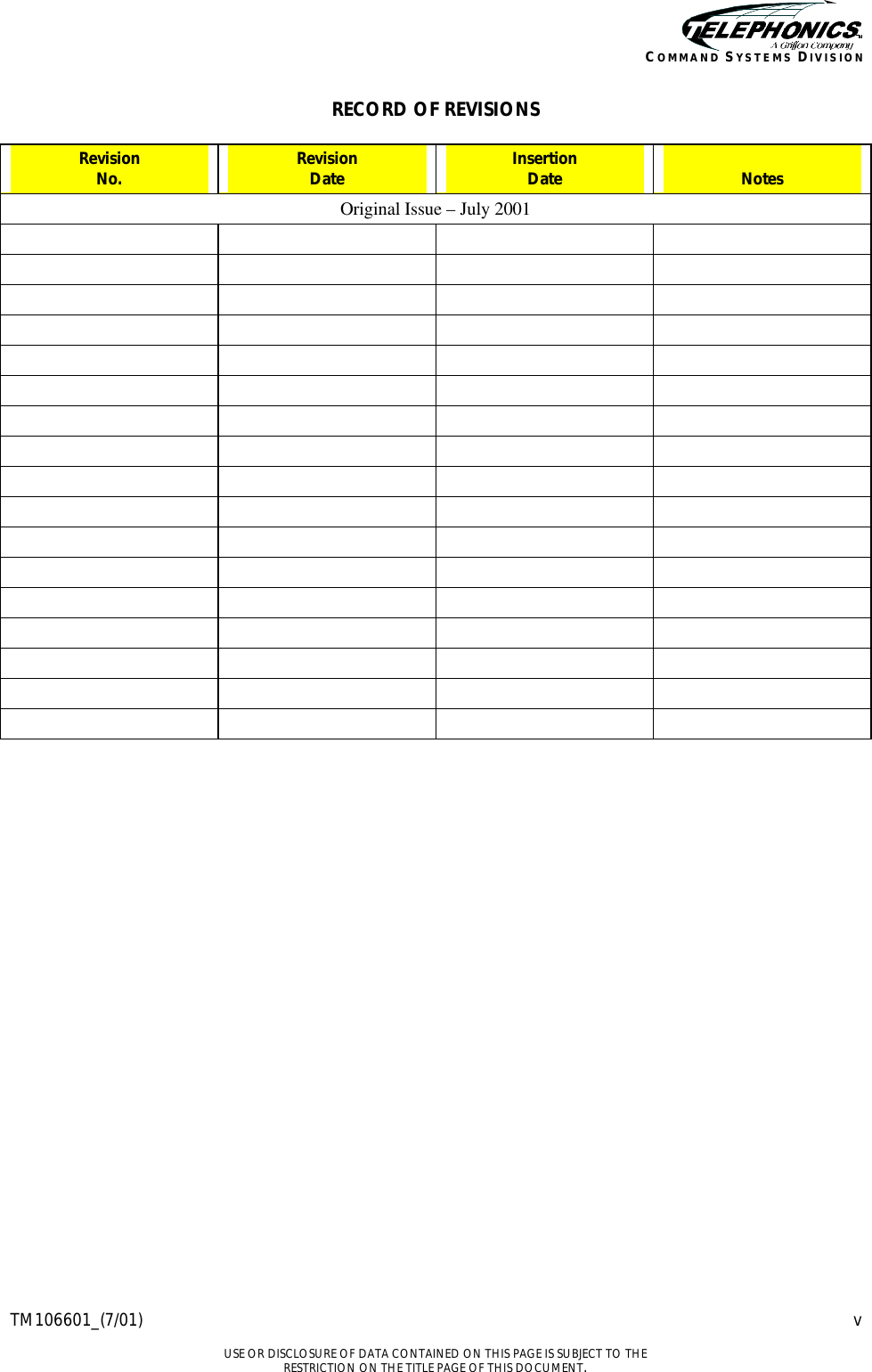    TM106601_(7/01) v  USE OR DISCLOSURE OF DATA CONTAINED ON THIS PAGE IS SUBJECT TO THE RESTRICTION ON THE TITLE PAGE OF THIS DOCUMENT. COMMAND SYSTEMS DIVISION RECORD OF REVISIONS  Revision  No. Revision  Date Insertion  Date  Notes Original Issue – July 2001                                                                                                                         