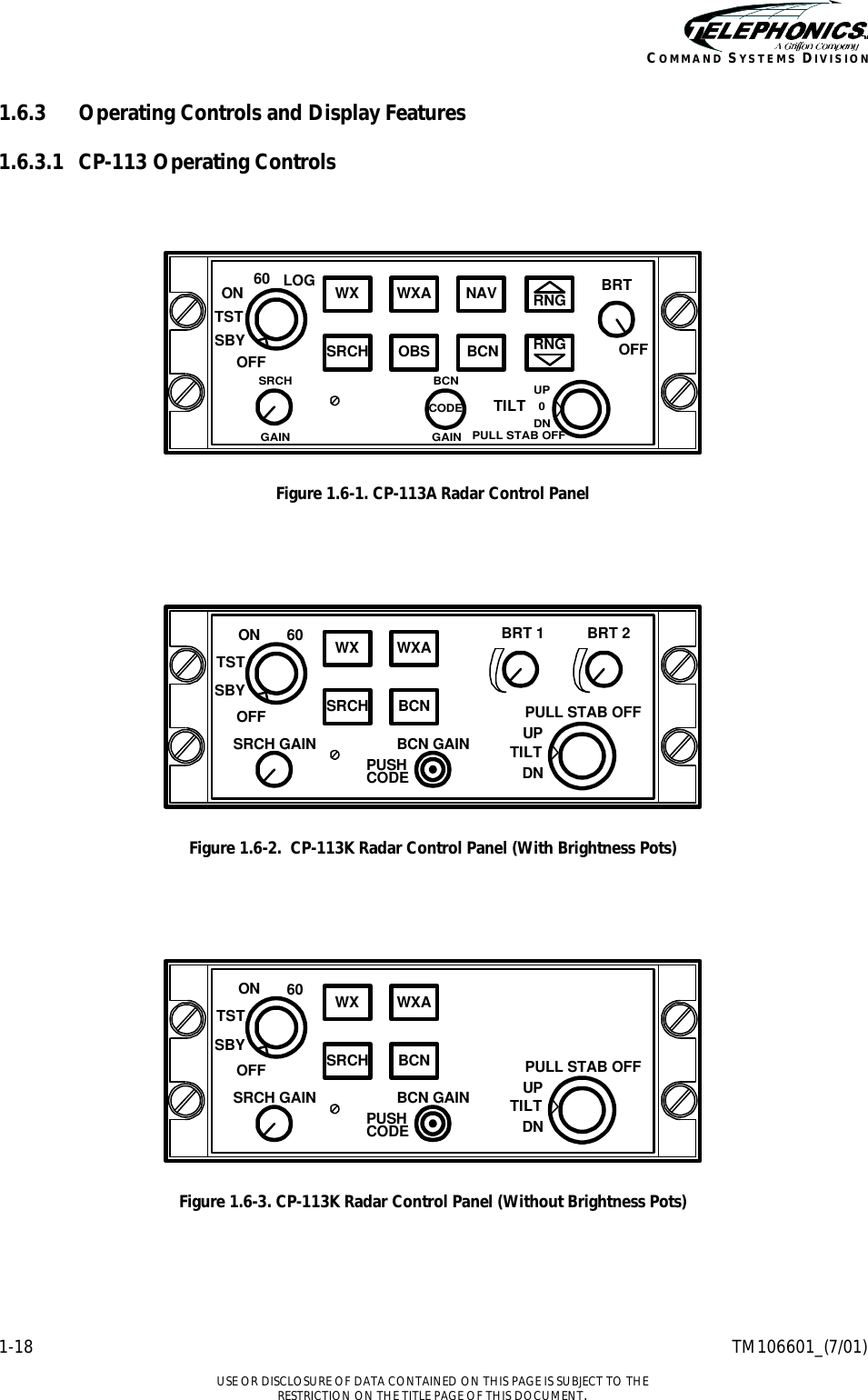    1-18 TM106601_(7/01)  USE OR DISCLOSURE OF DATA CONTAINED ON THIS PAGE IS SUBJECT TO THE RESTRICTION ON THE TITLE PAGE OF THIS DOCUMENT. COMMAND SYSTEMS DIVISION 1.6.3 Operating Controls and Display Features 1.6.3.1 CP-113 Operating Controls  SRCHOFFSBYTSTON 60 WX WXASRCHPULL STAB OFFTILTDNUP0NAV RNGRNGBCNOBSBRTOFFLOGBCNCODEGAINGAIN Figure 1.6-1. CP-113A Radar Control Panel   SRCH GAINOFFSBYTSTON 60 WX WXASRCH BCNBCN GAINPUSHCODEPULL STAB OFFTILTDNUPBRT 1 BRT 2 Figure 1.6-2.  CP-113K Radar Control Panel (With Brightness Pots)   SRCH GAINOFFSBYTSTON 60 WX WXASRCH BCNBCN GAINPUSHCODEPULL STAB OFFTILTDNUP Figure 1.6-3. CP-113K Radar Control Panel (Without Brightness Pots)  