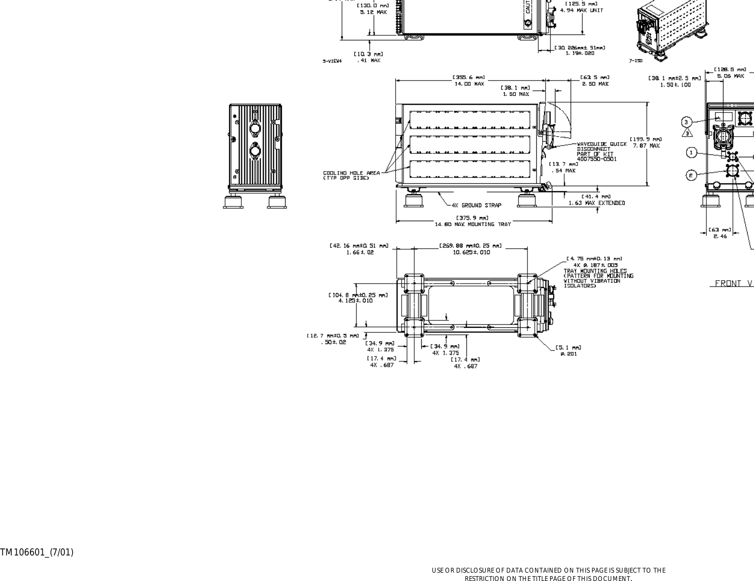     TM106601_(7/01) 2-25/(2-26 blank)  USE OR DISCLOSURE OF DATA CONTAINED ON THIS PAGE IS SUBJECT TO THE RESTRICTION ON THE TITLE PAGE OF THIS DOCUMENT. COMMAND SYSTEMS DIVISION   Figure 2.9-5.  RT-1601 Receiver Transmitter Outline Drawing  (Drawing No. 379-2011-001) (Sheet 1 of 2)  