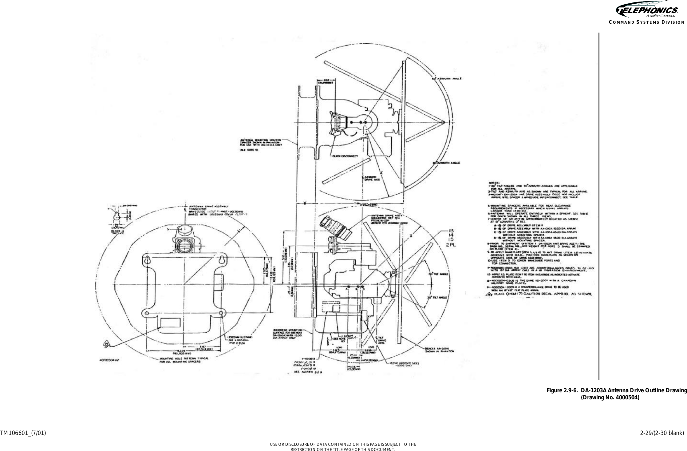     TM106601_(7/01) 2-29/(2-30 blank)  USE OR DISCLOSURE OF DATA CONTAINED ON THIS PAGE IS SUBJECT TO THE RESTRICTION ON THE TITLE PAGE OF THIS DOCUMENT. COMMAND SYSTEMS DIVISION  Figure 2.9-6.  DA-1203A Antenna Drive Outline Drawing  (Drawing No. 4000504)  