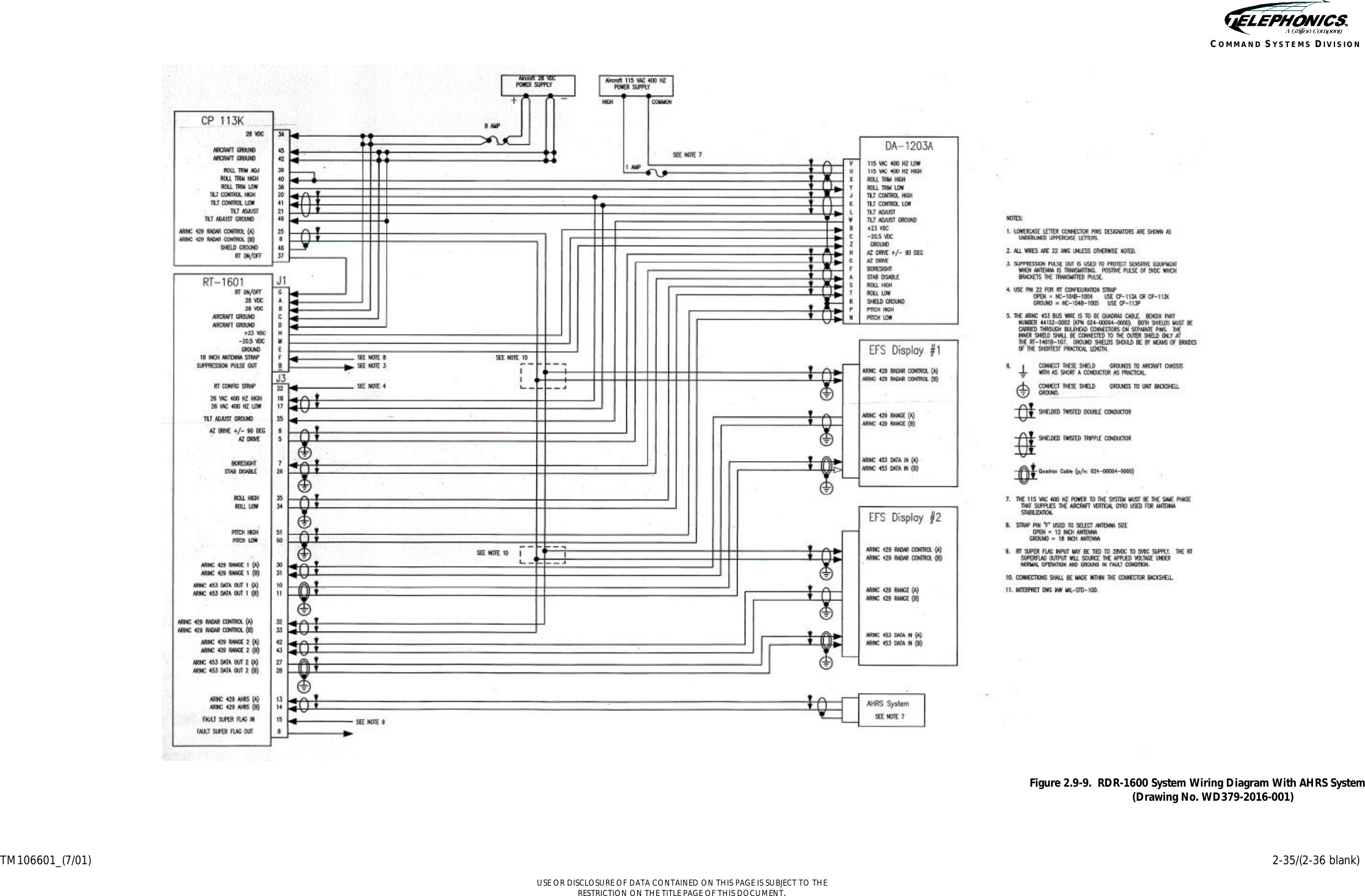     TM106601_(7/01) 2-35/(2-36 blank)  USE OR DISCLOSURE OF DATA CONTAINED ON THIS PAGE IS SUBJECT TO THE RESTRICTION ON THE TITLE PAGE OF THIS DOCUMENT. COMMAND SYSTEMS DIVISION  Figure 2.9-9.  RDR-1600 System Wiring Diagram With AHRS System  (Drawing No. WD379-2016-001)  