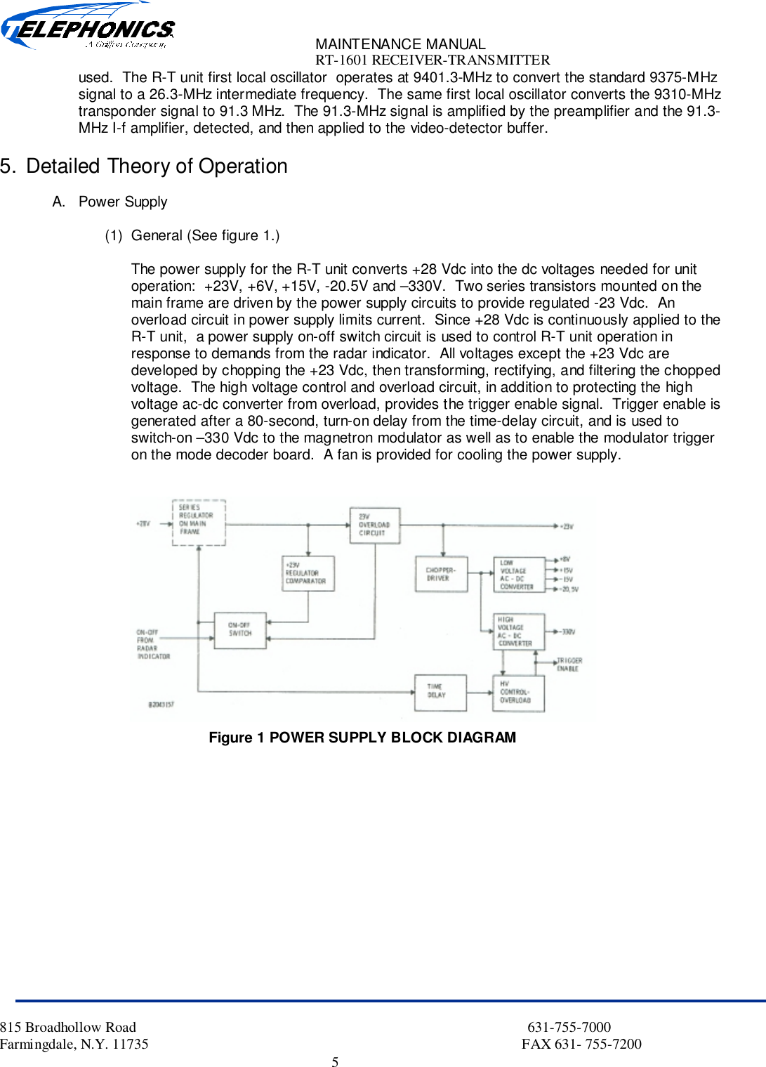 MAINTENANCE MANUALRT-1601 RECEIVER-TRANSMITTER815 Broadhollow Road                                                                                                           631-755-7000Farmingdale, N.Y. 11735                                                                                                      FAX 631- 755-72005used.  The R-T unit first local oscillator  operates at 9401.3-MHz to convert the standard 9375-MHzsignal to a 26.3-MHz intermediate frequency.  The same first local oscillator converts the 9310-MHztransponder signal to 91.3 MHz.  The 91.3-MHz signal is amplified by the preamplifier and the 91.3-MHz I-f amplifier, detected, and then applied to the video-detector buffer.5. Detailed Theory of OperationA. Power Supply(1)  General (See figure 1.)The power supply for the R-T unit converts +28 Vdc into the dc voltages needed for unitoperation:  +23V, +6V, +15V, -20.5V and –330V.  Two series transistors mounted on themain frame are driven by the power supply circuits to provide regulated -23 Vdc.  Anoverload circuit in power supply limits current.  Since +28 Vdc is continuously applied to theR-T unit,  a power supply on-off switch circuit is used to control R-T unit operation inresponse to demands from the radar indicator.  All voltages except the +23 Vdc aredeveloped by chopping the +23 Vdc, then transforming, rectifying, and filtering the choppedvoltage.  The high voltage control and overload circuit, in addition to protecting the highvoltage ac-dc converter from overload, provides the trigger enable signal.  Trigger enable isgenerated after a 80-second, turn-on delay from the time-delay circuit, and is used toswitch-on –330 Vdc to the magnetron modulator as well as to enable the modulator triggeron the mode decoder board.  A fan is provided for cooling the power supply.Figure 1 POWER SUPPLY BLOCK DIAGRAM