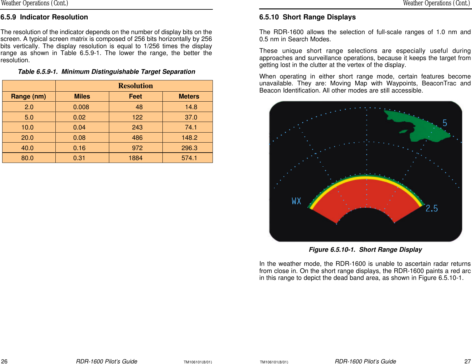 Weather Operations (Cont.)Weather Operations (Cont.)26RDR-1600 Pilot’s GuideTM106101(8/01)TM106101(8/01)RDR-1600 Pilot’s Guide276.5.10Short Range DisplaysThe RDR-1600 allows the selection of full-scale ranges of 1.0 nm and 0.5 nm in Search Modes. These unique short range selections are especially useful during approaches and surveillance operations, because it keeps the target fromgetting lost in the clutter at the vertex of the display.When operating in either short range mode, certain features becomeunavailable. They are: Moving Map with Waypoints, BeaconTrac andBeacon Identification. All other modes are still accessible.Figure 6.5.10-1.Short Range DisplayIn the weather mode, the RDR-1600 is unable to ascertain radar returnsfrom close in. On the short range displays, the RDR-1600 paints a red arcin this range to depict the dead band area, as shown in Figure 6.5.10-1.6.5.9Indicator ResolutionThe resolution of the indicator depends on the number of display bits on thescreen. A typical screen matrix is composed of 256 bits horizontally by 256bits vertically. The display resolution is equal to 1/256 times the displayrange as shown in Table 6.5.9-1. The lower the range, the better the resolution.Table 6.5.9-1.Minimum Distinguishable Target Separation Resolution Range (nm) Miles Feet Meters 2.0 0.008  48 14.8 5.0 0.02  122 37.0 10.0 0.04  243 74.1 20.0 0.08  486 148.2 40.0 0.16  972 296.3 80.0 0.31  1884 574.1 