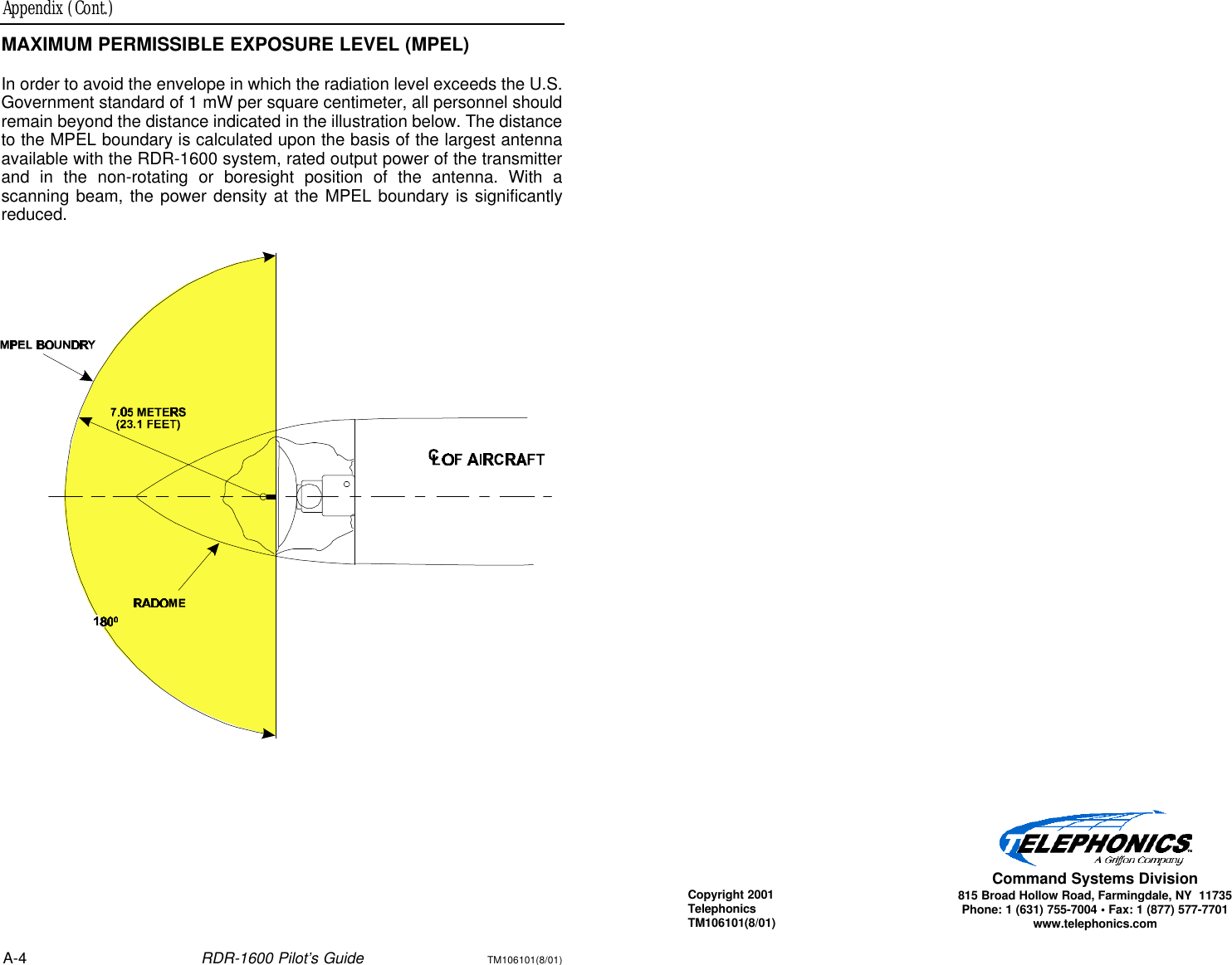 Copyright 2001TelephonicsTM106101(8/01)Command Systems Division815 Broad Hollow Road, Farmingdale, NY  11735Phone: 1 (631) 755-7004 • Fax: 1 (877) 577-7701www.telephonics.comAppendix (Cont.)A-4RDR-1600 Pilot’s GuideTM106101(8/01)MAXIMUM PERMISSIBLE EXPOSURE LEVEL (MPEL)In order to avoid the envelope in which the radiation level exceeds the U.S.Government standard of 1 mW per square centimeter, all personnel shouldremain beyond the distance indicated in the illustration below. The distanceto the MPEL boundary is calculated upon the basis of the largest antennaavailable with the RDR-1600 system, rated output power of the transmitterand in the non-rotating or boresight position of the antenna. With a scanning beam, the power density at the MPEL boundary is significantlyreduced.