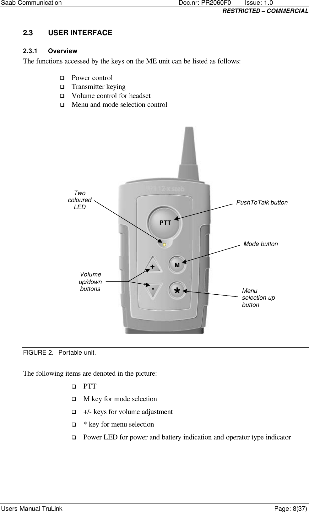 Saab Communication    Doc.nr: PR2060F0       Issue: 1.0 RESTRICTED – COMMERCIAL Users Manual TruLink    Page: 8(37) 2.3 USER INTERFACE 2.3.1 Overview The functions accessed by the keys on the ME unit can be listed as follows: q Power control q Transmitter keying q Volume control for headset q Menu and mode selection control                                                             Volumeup/downbuttonsMode buttonPushToTalk buttonMenuselection upbuttonTwocolouredLEDPTTM*+- FIGURE 2. Portable unit.  The following items are denoted in the picture: q PTT q M key for mode selection q +/- keys for volume adjustment q * key for menu selection q Power LED for power and battery indication and operator type indicator 