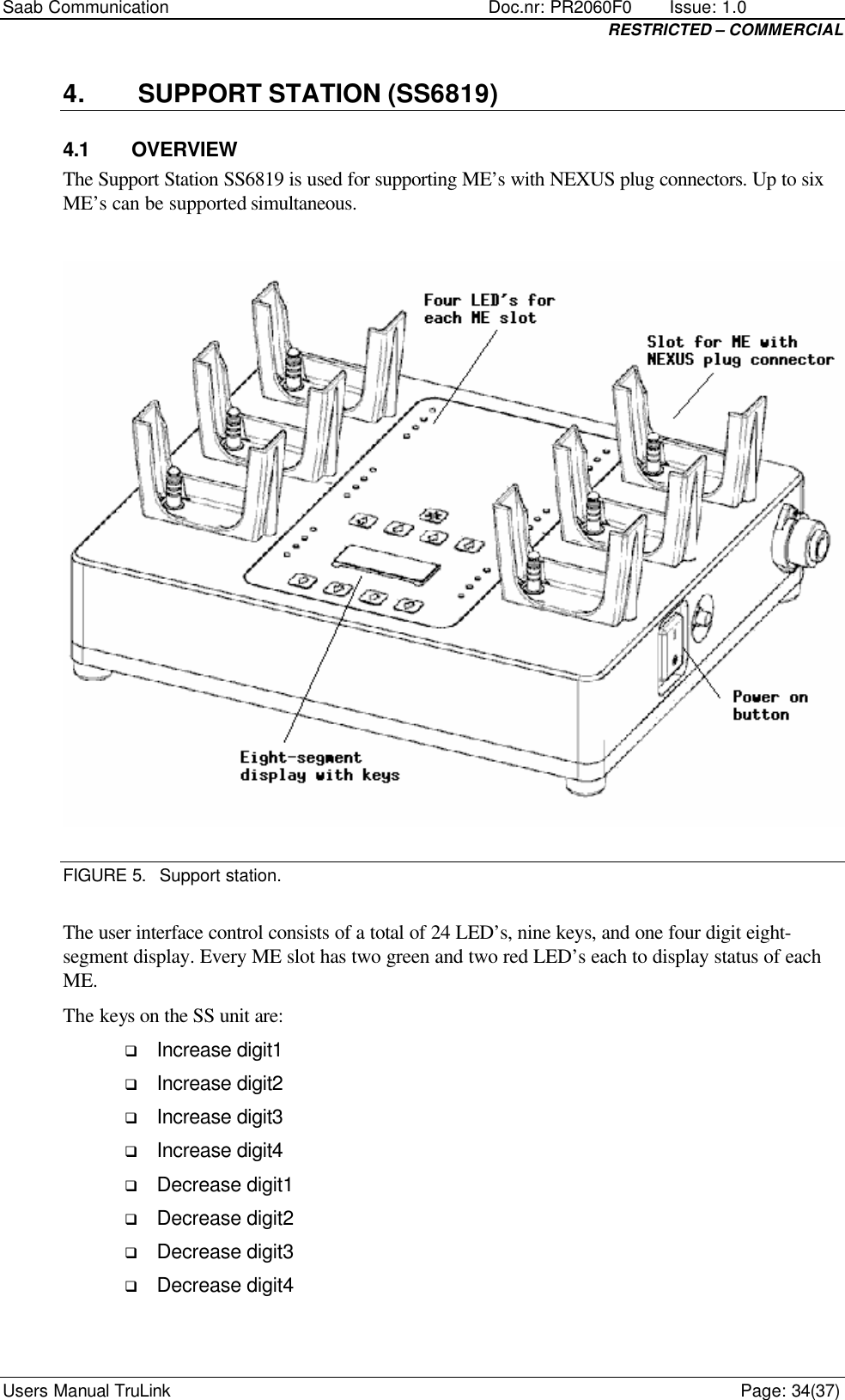 Saab Communication    Doc.nr: PR2060F0       Issue: 1.0 RESTRICTED – COMMERCIAL Users Manual TruLink    Page: 34(37) 4.  SUPPORT STATION (SS6819) 4.1 OVERVIEW The Support Station SS6819 is used for supporting ME’s with NEXUS plug connectors. Up to six ME’s can be supported simultaneous.   FIGURE 5. Support station.  The user interface control consists of a total of 24 LED’s, nine keys, and one four digit eight-segment display. Every ME slot has two green and two red LED’s each to display status of each ME.  The keys on the SS unit are:  q Increase digit1 q Increase digit2 q Increase digit3  q Increase digit4  q Decrease digit1  q Decrease digit2  q Decrease digit3 q Decrease digit4  