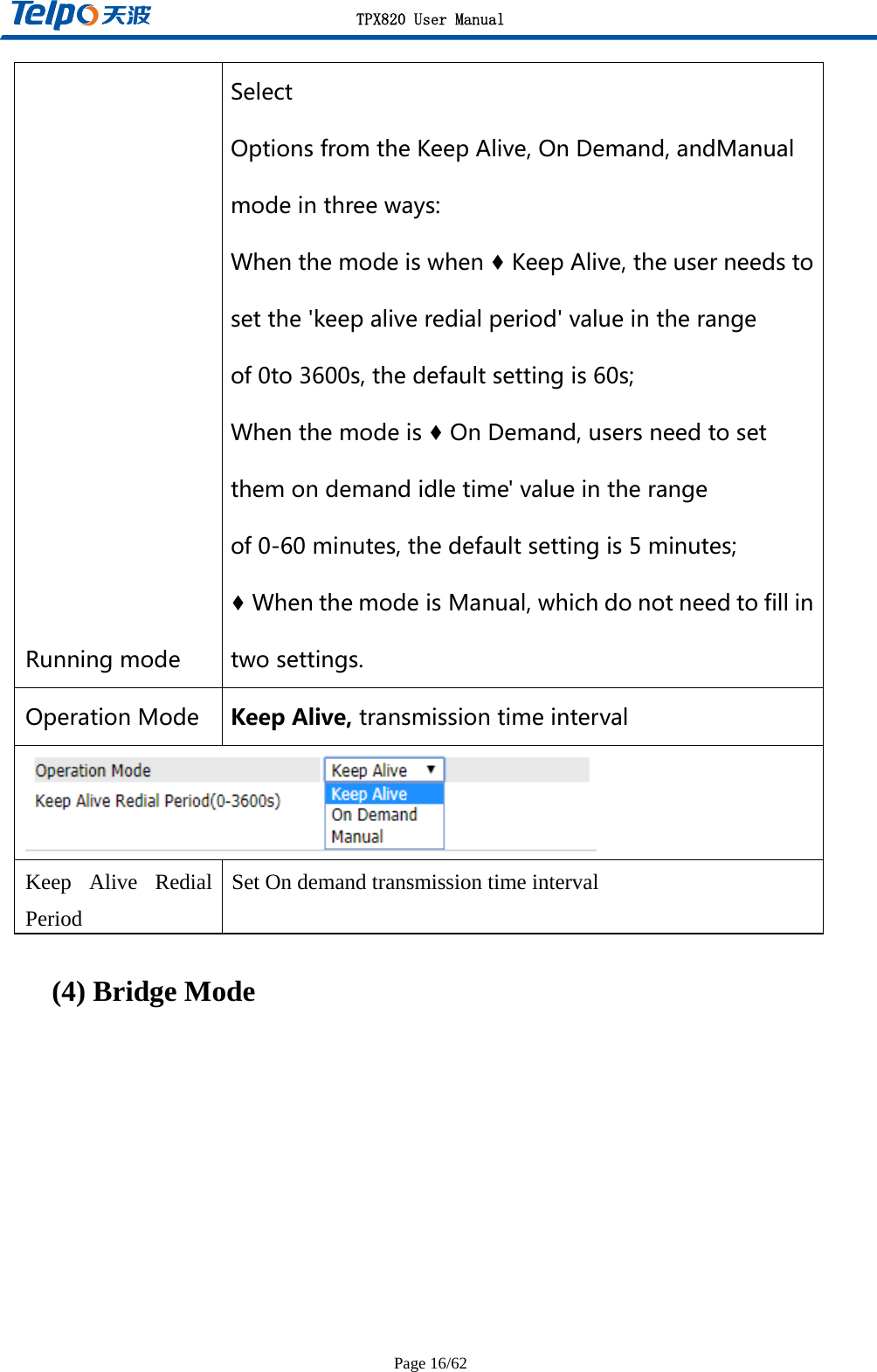 TPX820 User Manual Page 16/62 RunningmodeSelectOptionsfromtheKeepAlive,OnDemand,andManualmodeinthreeways:Whenthemodeiswhen♦KeepAlive,theuserneedstosetthe&apos;keepaliveredialperiod&apos;valueintherangeof0to3600s,thedefaultsettingis60s;Whenthemodeis♦OnDemand,usersneedtosetthemondemandidletime&apos;valueintherangeof0-60minutes,thedefaultsettingis5minutes;♦WhenthemodeisManual,whichdonotneedtofillintwosettings.OperationMode KeepAlive,transmissiontimeintervalKeep Alive Redial Period Set On demand transmission time interval  (4) Bridge Mode