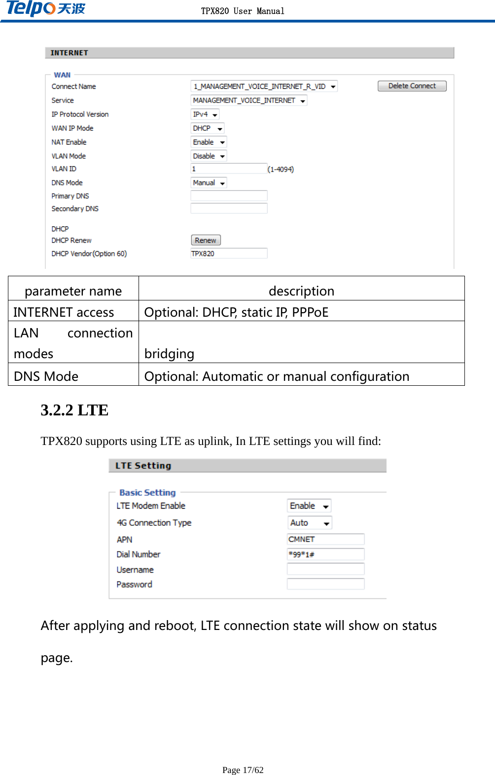 TPX820 User Manual Page 17/62  parametername descriptionINTERNETaccess Optional:DHCP,staticIP,PPPoELAN connectionmodes bridgingDNSMode Optional:Automaticormanualconfiguration3.2.2 LTE TPX820 supports using LTE as uplink, In LTE settings you will find:  Afterapplyingandreboot,LTEconnectionstatewillshowonstatuspage.