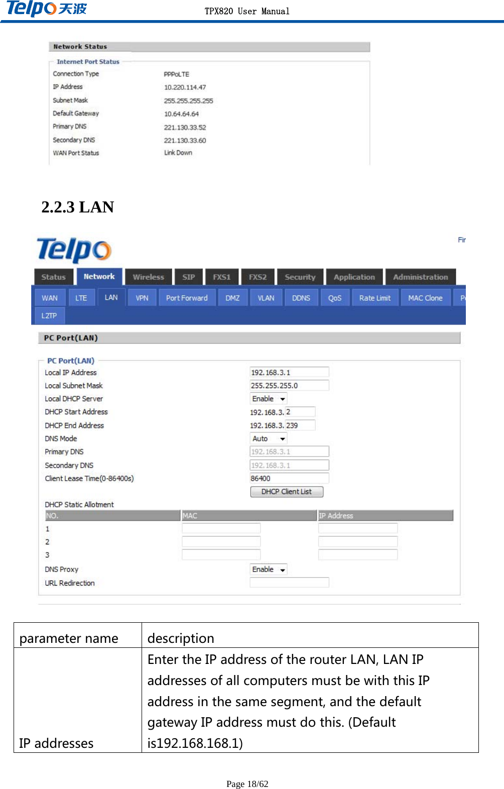 TPX820 User Manual Page 18/62   2.2.3 LAN   parametername descriptionIPaddressesEntertheIPaddressoftherouterLAN,LANIPaddressesofallcomputersmustbewiththisIPaddressinthesamesegment,andthedefaultgatewayIPaddressmustdothis.(Defaultis192.168.168.1)