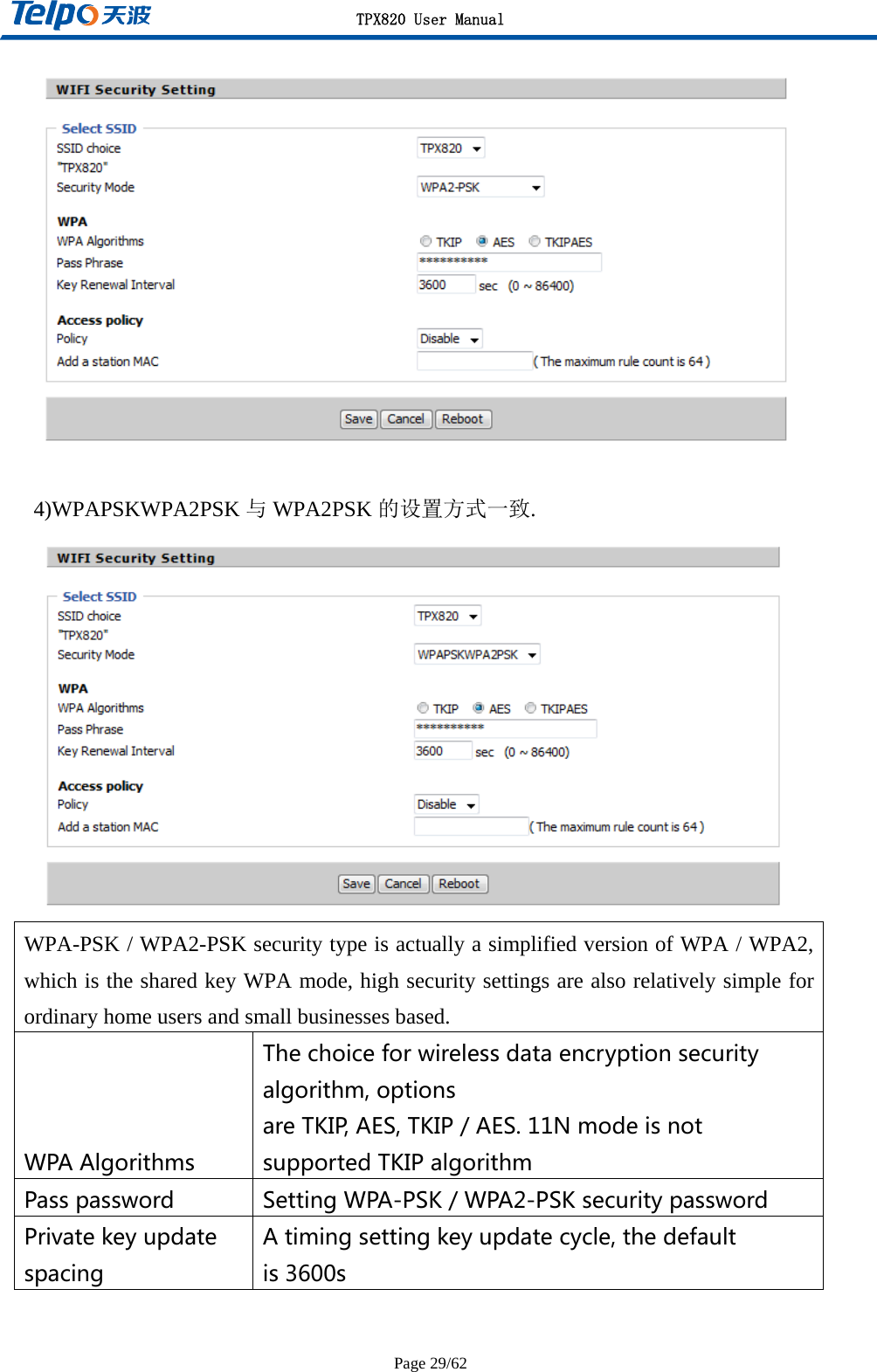 TPX820 User Manual Page 29/62   4)WPAPSKWPA2PSK 与WPA2PSK 的设置方式一致.  WPA-PSK / WPA2-PSK security type is actually a simplified version of WPA / WPA2, which is the shared key WPA mode, high security settings are also relatively simple for ordinary home users and small businesses based. WPAAlgorithmsThechoiceforwirelessdataencryptionsecurityalgorithm,optionsareTKIP,AES,TKIP/AES.11NmodeisnotsupportedTKIPalgorithmPasspassword SettingWPA-PSK/WPA2-PSKsecuritypasswordPrivatekeyupdatespacingAtimingsettingkeyupdatecycle,thedefaultis3600s 