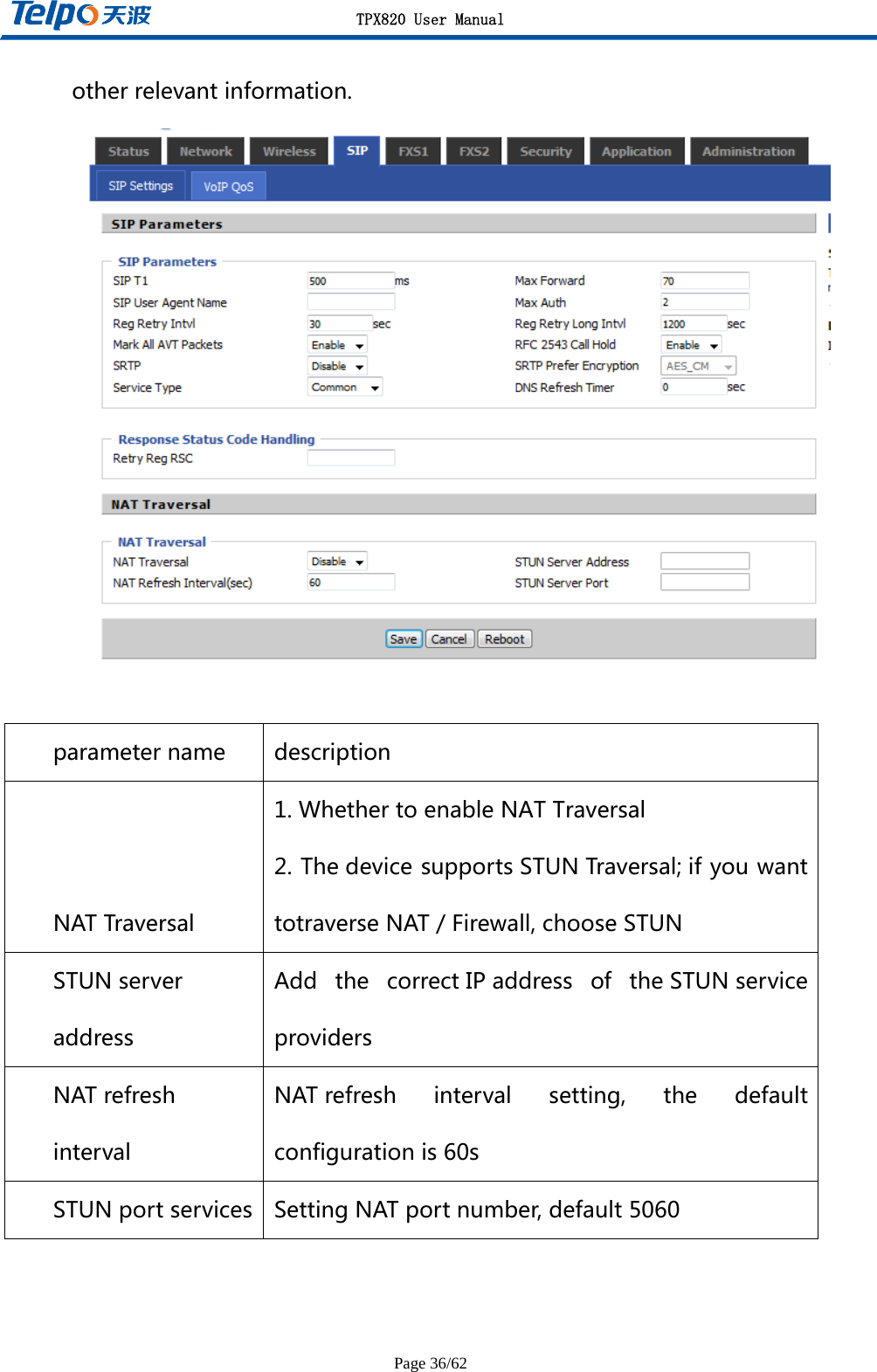 TPX820 User Manual Page 36/62 otherrelevantinformation.  parametername descriptionNATTraversal1.WhethertoenableNATTraversal2.ThedevicesupportsSTUNTraversal;ifyouwanttotraverseNAT/Firewall,chooseSTUNSTUNserveraddressAdd the correctIPaddress of theSTUNserviceprovidersNATrefreshintervalNATrefresh interval setting, the defaultconfigurationis60sSTUNportservices SettingNATportnumber,default5060