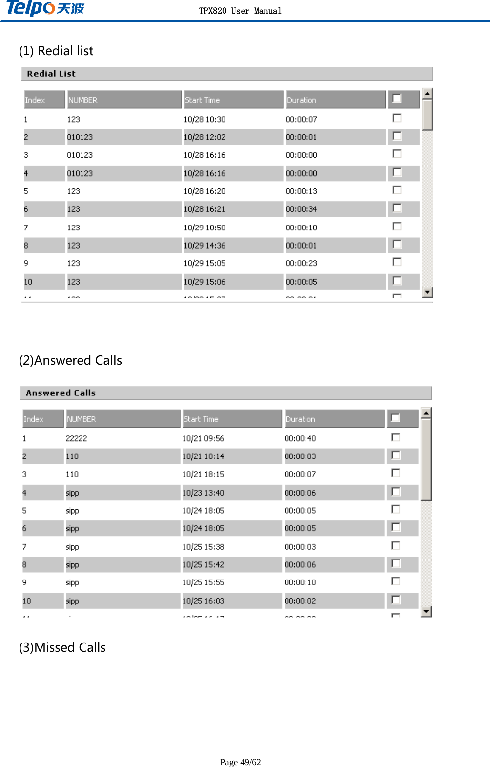 TPX820 User Manual Page 49/62 (1)Rediallist  (2)AnsweredCalls (3)MissedCalls