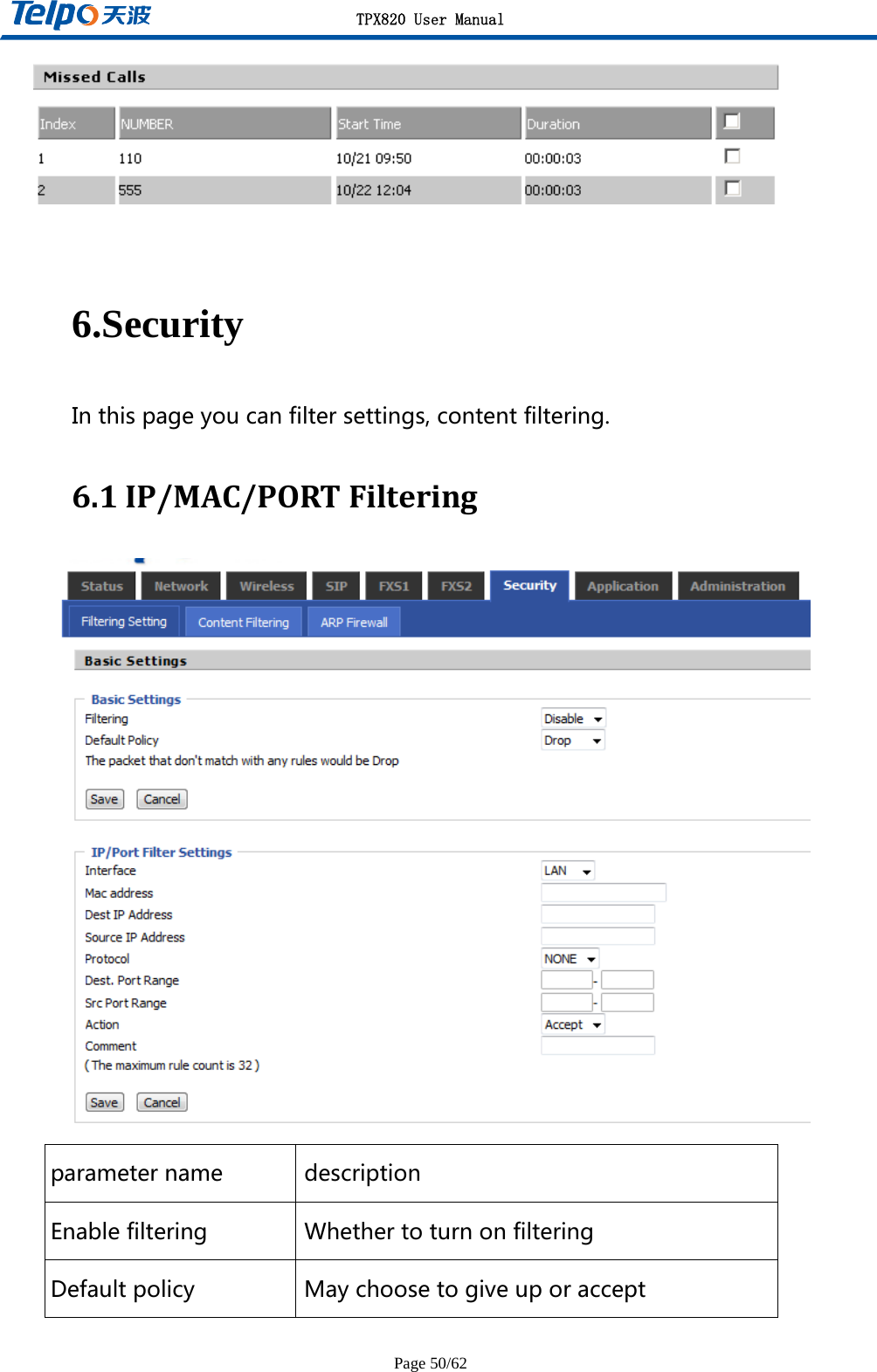 TPX820 User Manual Page 50/62   6.Security Inthispageyoucanfiltersettings,contentfiltering.6.1IP/MAC/PORTFiltering parametername descriptionEnablefiltering WhethertoturnonfilteringDefaultpolicy Maychoosetogiveuporaccept