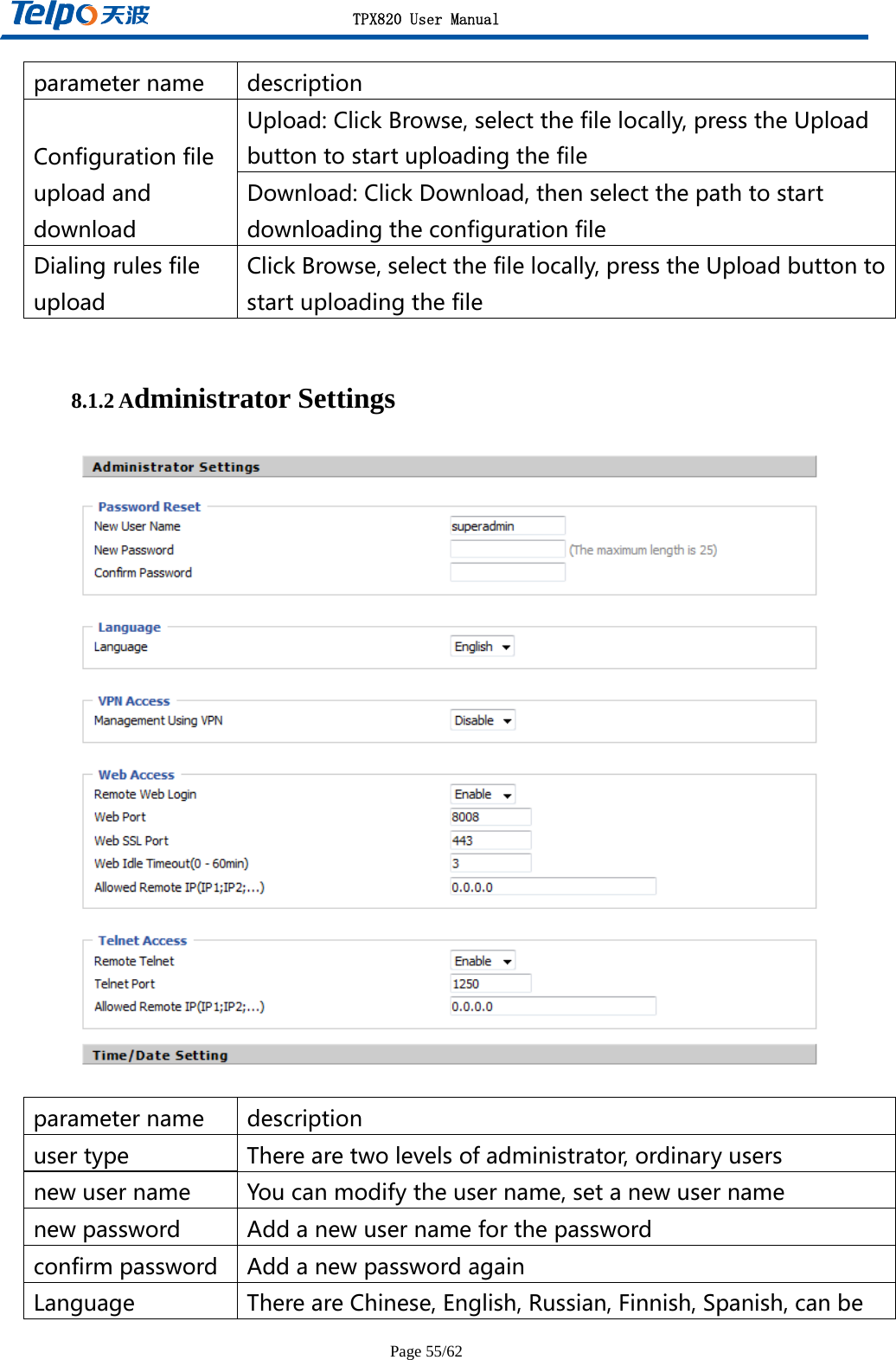 TPX820 User Manual Page 55/62 parametername descriptionConfigurationfileuploadanddownloadUpload:ClickBrowse,selectthefilelocally,presstheUploadbuttontostartuploadingthefileDownload:ClickDownload,thenselectthepathtostartdownloadingtheconfigurationfileDialingrulesfileuploadClickBrowse,selectthefilelocally,presstheUploadbuttontostartuploadingthefile 8.1.2 Administrator Settings   parametername descriptionusertype Therearetwolevelsofadministrator,ordinaryusersnewusername Youcanmodifytheusername,setanewusernamenewpassword Addanewusernameforthepasswordconfirmpassword AddanewpasswordagainLanguage ThereareChinese,English,Russian,Finnish,Spanish,canbe