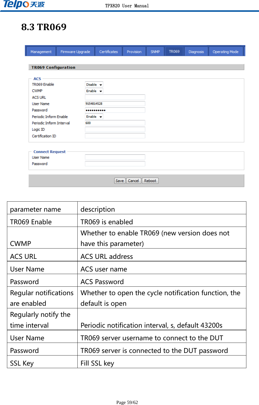 TPX820 User Manual Page 59/62 8.3TR069  parametername descriptionTR069Enable TR069isenabledCWMPWhethertoenableTR069(newversiondoesnothavethisparameter)ACSURL ACSURLaddressUserName ACSusernamePassword ACSPasswordRegularnotificationsareenabledWhethertoopenthecyclenotificationfunction,thedefaultisopenRegularlynotifythetimeinterval Periodicnotificationinterval,s,default43200sUserName TR069serverusernametoconnecttotheDUTPassword TR069serverisconnectedtotheDUTpasswordSSLKey FillSSLkey