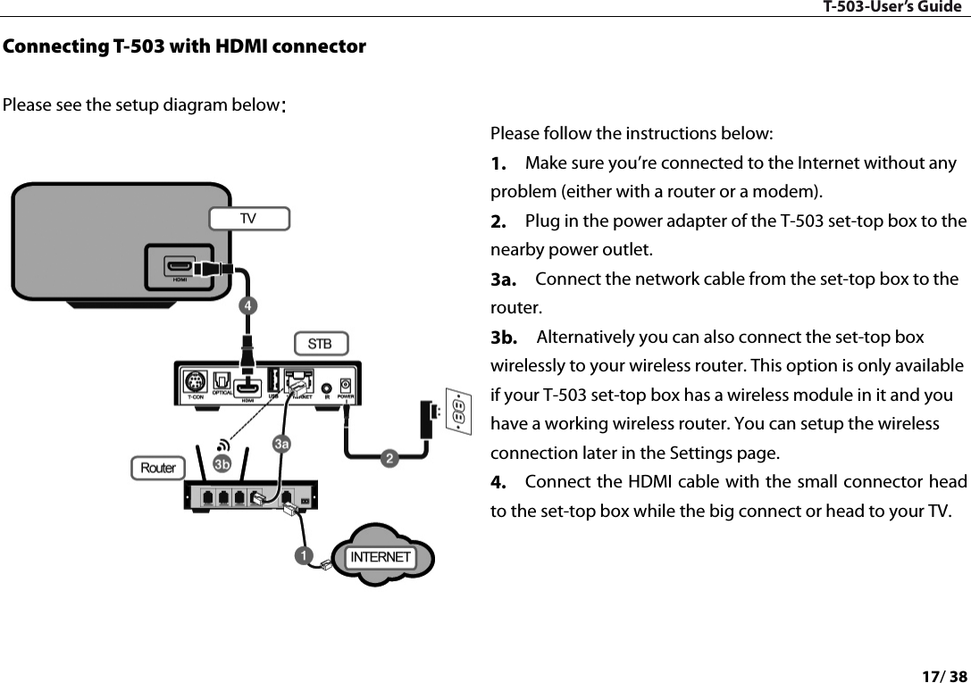 T-503-User’s Guide 17/ 38  Connecting T-503 with HDMI connector    Please see the setup diagram below: Please follow the instructions below: 1.   Make sure you’re connected to the Internet without any problem (either with a router or a modem).   2.   Plug in the power adapter of the T-503 set-top box to the nearby power outlet. 3a.   Connect the network cable from the set-top box to the router. 3b.   Alternatively you can also connect the set-top box wirelessly to your wireless router. This option is only available if your T-503 set-top box has a wireless module in it and you have a working wireless router. You can setup the wireless connection later in the Settings page. 4.   Connect the HDMI cable with the small connector head to the set-top box while the big connect or head to your TV.      