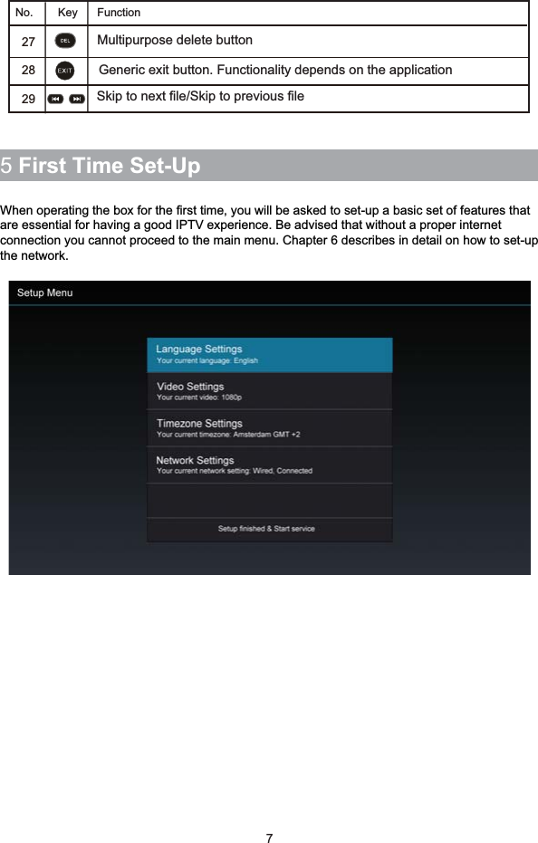 5 First Time Set-UpWhen operating the box for the first time, you will be asked to set-up a basic set of features thatare essential for having a good IPTV experience. Be advised that without a proper internetconnection you cannot proceed to the main menu. Chapter 6 describes in detail on how to set-upthe network.7272829Multipurpose delete button No.             Key FunctionGeneric exit button. Functionality depends on the applicationSkip to next file/Skip to previous file