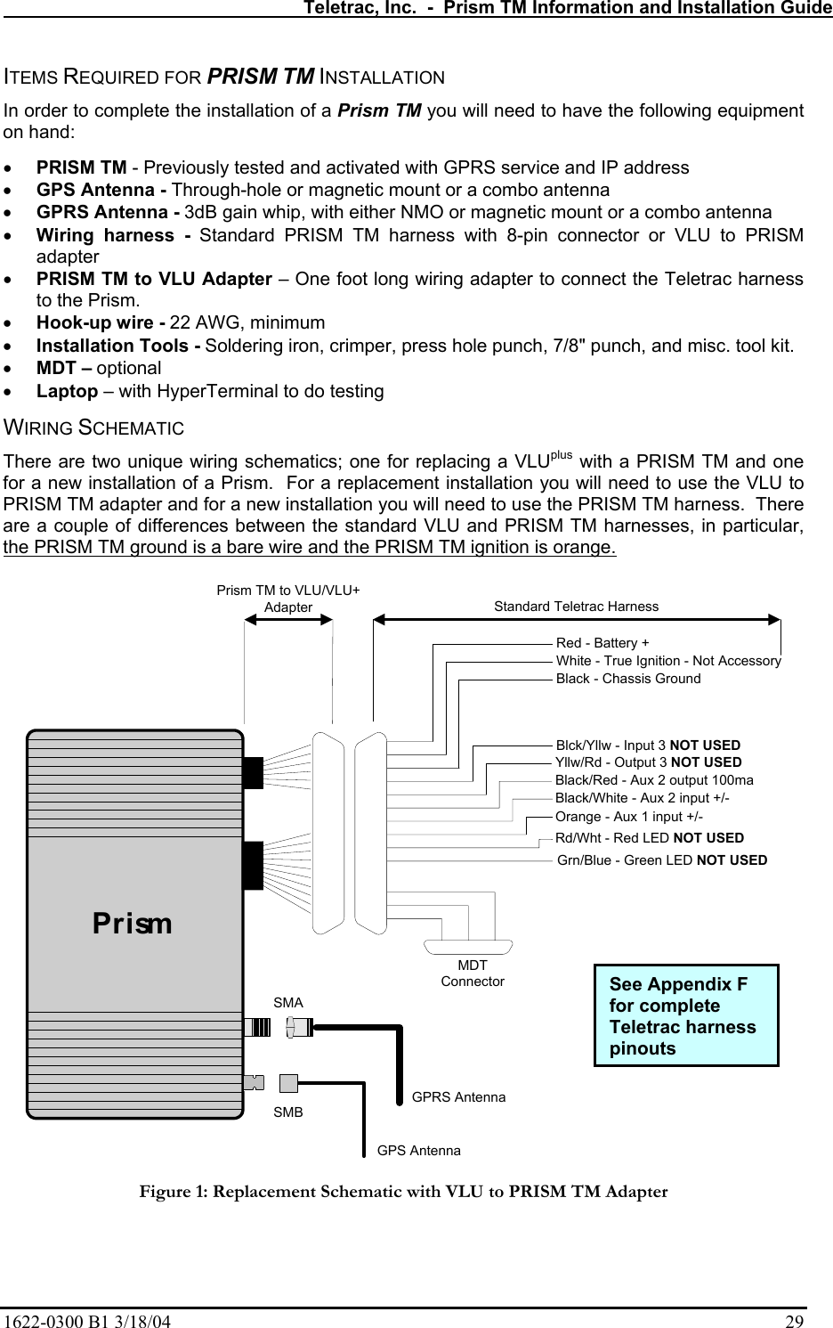   Teletrac, Inc.  -  Prism TM Information and Installation Guide 1622-0300 B1 3/18/04    29 ITEMS REQUIRED FOR PRISM TM INSTALLATION In order to complete the installation of a Prism TM you will need to have the following equipment on hand:  • PRISM TM - Previously tested and activated with GPRS service and IP address • GPS Antenna - Through-hole or magnetic mount or a combo antenna • GPRS Antenna - 3dB gain whip, with either NMO or magnetic mount or a combo antenna • Wiring harness - Standard PRISM TM harness with 8-pin connector or VLU to PRISM adapter • PRISM TM to VLU Adapter – One foot long wiring adapter to connect the Teletrac harness to the Prism. • Hook-up wire - 22 AWG, minimum • Installation Tools - Soldering iron, crimper, press hole punch, 7/8&quot; punch, and misc. tool kit. • MDT – optional • Laptop – with HyperTerminal to do testing  WIRING SCHEMATIC There are two unique wiring schematics; one for replacing a VLUplus with a PRISM TM and one for a new installation of a Prism.  For a replacement installation you will need to use the VLU to PRISM TM adapter and for a new installation you will need to use the PRISM TM harness.  There are a couple of differences between the standard VLU and PRISM TM harnesses, in particular, the PRISM TM ground is a bare wire and the PRISM TM ignition is orange.  Prism TM to VLU/VLU+AdapterPrismGPS AntennaGPRS AntennaSMBSMAMDTConnectorGrn/Blue - Green LED NOT USEDRd/Wht - Red LED NOT USEDOrange - Aux 1 input +/-Black/White - Aux 2 input +/-Black/Red - Aux 2 output 100maYllw/Rd - Output 3 NOT USEDBlck/Yllw - Input 3 NOT USEDBlack - Chassis GroundWhite - True Ignition - Not AccessoryRed - Battery +Standard Teletrac Harness  Figure 1: Replacement Schematic with VLU to PRISM TM Adapter  See Appendix F for complete Teletrac harness pinouts 