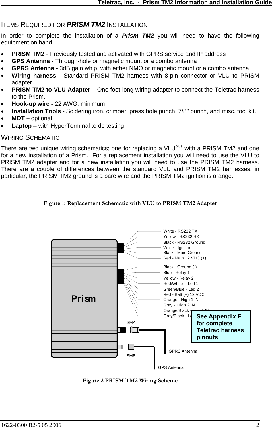   Teletrac, Inc.  -  Prism TM2 Information and Installation Guide ITEMS REQUIRED FOR PRISM TM2 INSTALLATION In order to complete the installation of a Prism TM2 you will need to have the following equipment on hand:  • PRISM TM2 - Previously tested and activated with GPRS service and IP address • GPS Antenna - Through-hole or magnetic mount or a combo antenna • GPRS Antenna - 3dB gain whip, with either NMO or magnetic mount or a combo antenna • Wiring harness - Standard PRISM TM2 harness with 8-pin connector or VLU to PRISM adapter • PRISM TM2 to VLU Adapter – One foot long wiring adapter to connect the Teletrac harness to the Prism. • Hook-up wire - 22 AWG, minimum • Installation Tools - Soldering iron, crimper, press hole punch, 7/8&quot; punch, and misc. tool kit. • MDT – optional • Laptop – with HyperTerminal to do testing  WIRING SCHEMATIC There are two unique wiring schematics; one for replacing a VLUplus with a PRISM TM2 and one for a new installation of a Prism.  For a replacement installation you will need to use the VLU to PRISM TM2 adapter and for a new installation you will need to use the PRISM TM2 harness.  There are a couple of differences between the standard VLU and PRISM TM2 harnesses, in particular, the PRISM TM2 ground is a bare wire and the PRISM TM2 ignition is orange.    Figure 1: Replacement Schematic with VLU to PRISM TM2 Adapter  PrismGPS AntennaGPRS AntennaSMBRed - Batt (+) 12 VDCGreen/Blue - Led 2Red/White -  Led 1Yellow - Relay 2Blue - Relay 1Black - Ground (-)Orange - High 1 INGray -  High 2 INWhite - IgnitionBlack - RS232 GroundYellow - RS232 RXWhite - RS232 TXBlack - Main GroundRed - Main 12 VDC (+)Orange/Black - Low 1 INGray/Black - Low 2 INSMA See Appendix F for complete Teletrac harness pinouts   Figure 2 PRISM TM2 Wiring Scheme   1622-0300 B2-5 05 2006    2 