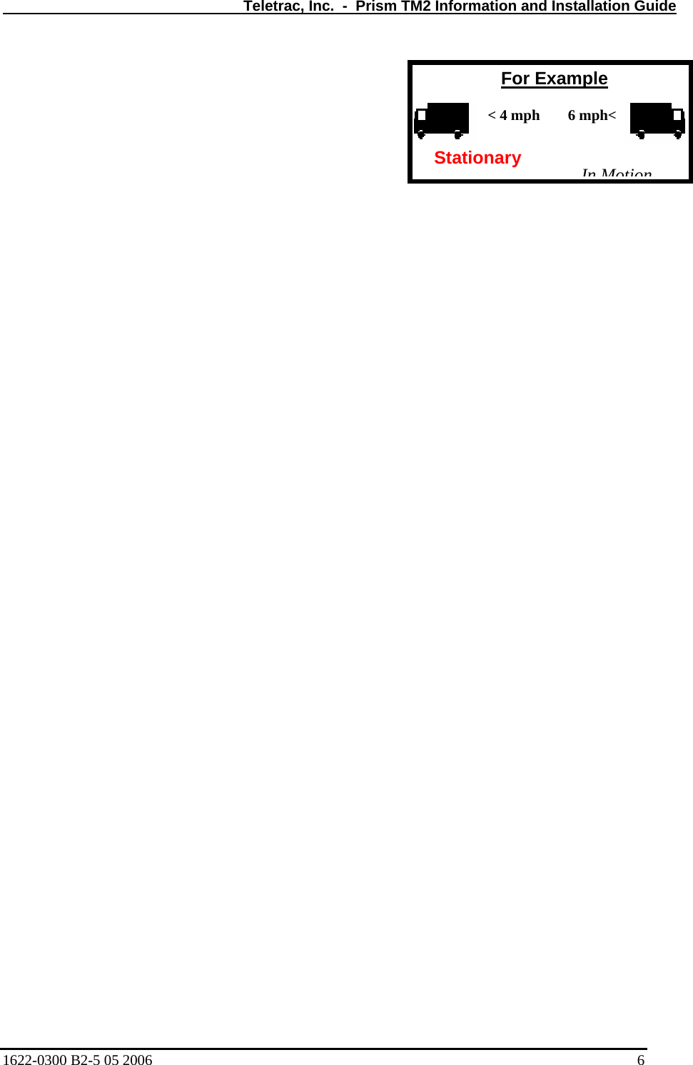   Teletrac, Inc.  -  Prism TM2 Information and Installation Guide  &lt; 4 mph Stationary 6 mph&lt; In MotionFor Example 1622-0300 B2-5 05 2006    6 
