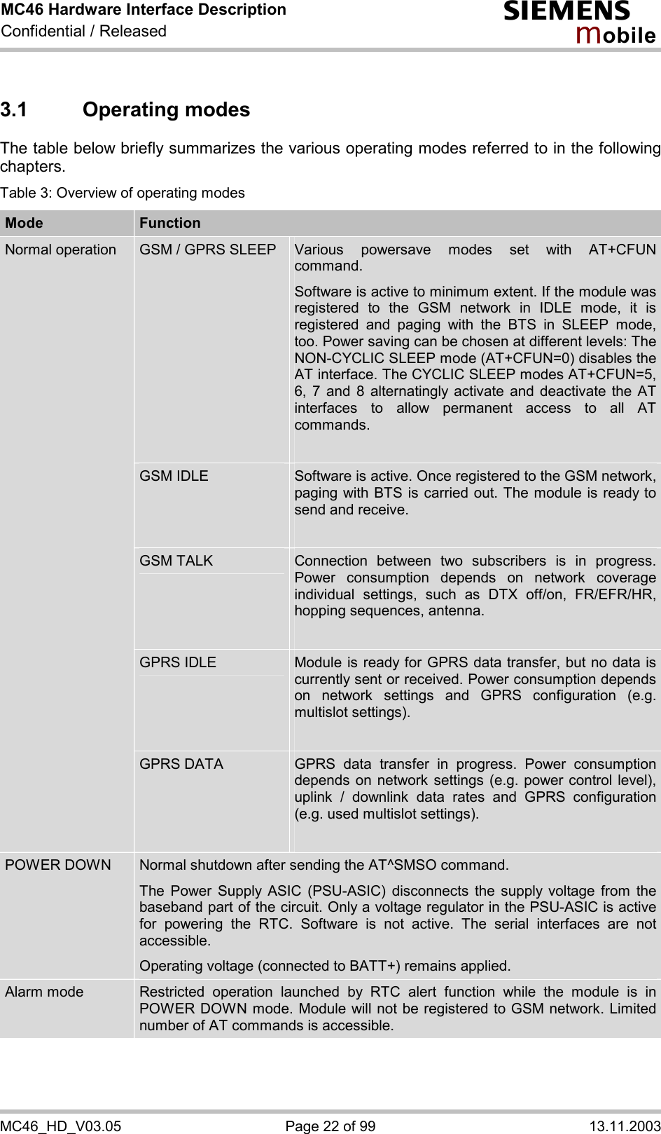 MC46 Hardware Interface Description Confidential / Released s mo b i l e MC46_HD_V03.05  Page 22 of 99  13.11.2003 3.1 Operating modes The table below briefly summarizes the various operating modes referred to in the following chapters.  Table 3: Overview of operating modes Mode  Function GSM / GPRS SLEEP  Various powersave modes set with AT+CFUN command.  Software is active to minimum extent. If the module was registered to the GSM network in IDLE mode, it is registered and paging with the BTS in SLEEP mode, too. Power saving can be chosen at different levels: The NON-CYCLIC SLEEP mode (AT+CFUN=0) disables the AT interface. The CYCLIC SLEEP modes AT+CFUN=5, 6, 7 and 8 alternatingly activate and deactivate the AT interfaces to allow permanent access to all AT commands.  GSM IDLE  Software is active. Once registered to the GSM network, paging with BTS is carried out. The module is ready to send and receive.  GSM TALK  Connection between two subscribers is in progress. Power consumption depends on network coverage individual settings, such as DTX off/on, FR/EFR/HR, hopping sequences, antenna.  GPRS IDLE  Module is ready for GPRS data transfer, but no data is currently sent or received. Power consumption depends on network settings and GPRS configuration (e.g. multislot settings).  Normal operation GPRS DATA  GPRS data transfer in progress. Power consumption depends on network settings (e.g. power control level), uplink / downlink data rates and GPRS configuration (e.g. used multislot settings).  POWER DOWN  Normal shutdown after sending the AT^SMSO command.  The Power Supply ASIC (PSU-ASIC) disconnects the supply voltage from the baseband part of the circuit. Only a voltage regulator in the PSU-ASIC is active for powering the RTC. Software is not active. The serial interfaces are not accessible.  Operating voltage (connected to BATT+) remains applied. Alarm mode  Restricted operation launched by RTC alert function while the module is in POWER DOWN mode. Module will not be registered to GSM network. Limited number of AT commands is accessible.  