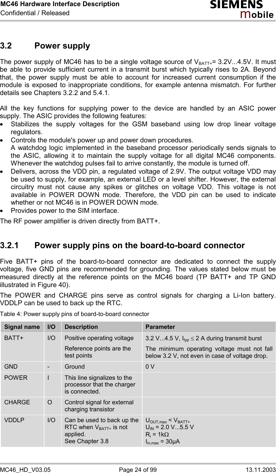 MC46 Hardware Interface Description Confidential / Released s mo b i l e MC46_HD_V03.05  Page 24 of 99  13.11.2003 3.2 Power supply The power supply of MC46 has to be a single voltage source of VBATT+= 3.2V...4.5V. It must be able to provide sufficient current in a transmit burst which typically rises to 2A. Beyond that, the power supply must be able to account for increased current consumption if the module is exposed to inappropriate conditions, for example antenna mismatch. For further details see Chapters 3.2.2 and 5.4.1.  All the key functions for supplying power to the device are handled by an ASIC power supply. The ASIC provides the following features: ·  Stabilizes the supply voltages for the GSM baseband using low drop linear voltage regulators.  ·  Controls the module&apos;s power up and power down procedures.  A watchdog logic implemented in the baseband processor periodically sends signals to the ASIC, allowing it to maintain the supply voltage for all digital MC46 components. Whenever the watchdog pulses fail to arrive constantly, the module is turned off.  ·  Delivers, across the VDD pin, a regulated voltage of 2.9V. The output voltage VDD may be used to supply, for example, an external LED or a level shifter. However, the external circuitry must not cause any spikes or glitches on voltage VDD. This voltage is not available in POWER DOWN mode. Therefore, the VDD pin can be used to indicate whether or not MC46 is in POWER DOWN mode. ·  Provides power to the SIM interface.  The RF power amplifier is driven directly from BATT+.  3.2.1  Power supply pins on the board-to-board connector Five BATT+ pins of the board-to-board connector are dedicated to connect the supply voltage, five GND pins are recommended for grounding. The values stated below must be measured directly at the reference points on the MC46 board (TP BATT+ and TP GND illustrated in Figure 40).  The POWER and CHARGE pins serve as control signals for charging a Li-Ion battery. VDDLP can be used to back up the RTC.  Table 4: Power supply pins of board-to-board connector Signal name  I/O  Description  Parameter BATT+  I/O  Positive operating voltage Reference points are the test points  3.2 V...4.5 V, Ityp £ 2 A during transmit burst The minimum operating voltage must not fall below 3.2 V, not even in case of voltage drop. GND  -  Ground  0 V POWER  I  This line signalizes to the processor that the charger is connected.  CHARGE  O  Control signal for external charging transistor  VDDLP  I/O  Can be used to back up the RTC when VBATT+ is not applied.  See Chapter 3.8 UOUT,max &lt; VBATT+ UIN = 2.0 V...5.5 V Ri = 1kW Iin,max = 30µA  