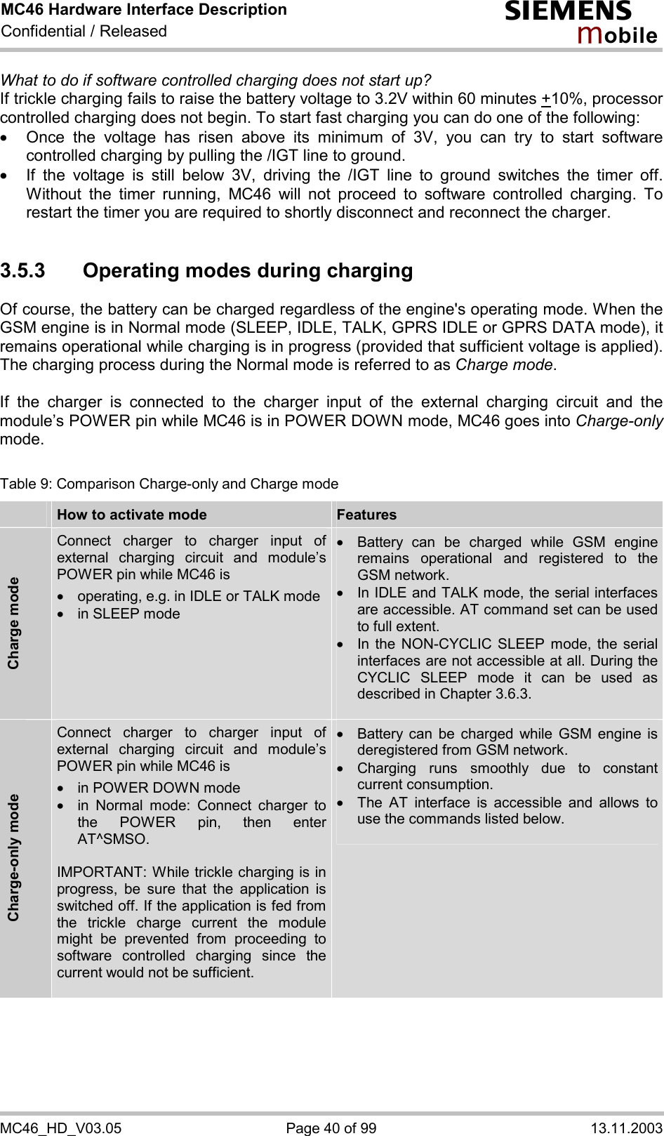 MC46 Hardware Interface Description Confidential / Released s mo b i l e MC46_HD_V03.05  Page 40 of 99  13.11.2003 What to do if software controlled charging does not start up? If trickle charging fails to raise the battery voltage to 3.2V within 60 minutes +10%, processor controlled charging does not begin. To start fast charging you can do one of the following:  ·  Once the voltage has risen above its minimum of 3V, you can try to start software controlled charging by pulling the /IGT line to ground.  ·  If the voltage is still below 3V, driving the /IGT line to ground switches the timer off. Without the timer running, MC46 will not proceed to software controlled charging. To restart the timer you are required to shortly disconnect and reconnect the charger.  3.5.3 Operating modes during charging Of course, the battery can be charged regardless of the engine&apos;s operating mode. When the GSM engine is in Normal mode (SLEEP, IDLE, TALK, GPRS IDLE or GPRS DATA mode), it remains operational while charging is in progress (provided that sufficient voltage is applied). The charging process during the Normal mode is referred to as Charge mode.   If the charger is connected to the charger input of the external charging circuit and the module’s POWER pin while MC46 is in POWER DOWN mode, MC46 goes into Charge-only mode.   Table 9: Comparison Charge-only and Charge mode  How to activate mode  Features Charge mode Connect charger to charger input of external charging circuit and module’s POWER pin while MC46 is ·  operating, e.g. in IDLE or TALK mode ·  in SLEEP mode ·  Battery can be charged while GSM engine remains operational and registered to the GSM network. ·  In IDLE and TALK mode, the serial interfaces are accessible. AT command set can be used to full extent. ·  In the NON-CYCLIC SLEEP mode, the serial interfaces are not accessible at all. During the CYCLIC SLEEP mode it can be used as described in Chapter 3.6.3.  Charge-only mode Connect charger to charger input of external charging circuit and module’s POWER pin while MC46 is ·  in POWER DOWN mode ·  in Normal mode: Connect charger to the POWER pin, then enter AT^SMSO.  IMPORTANT: While trickle charging is in progress, be sure that the application is switched off. If the application is fed from the trickle charge current the module might be prevented from proceeding to software controlled charging since the current would not be sufficient.   ·  Battery can be charged while GSM engine is deregistered from GSM network. ·  Charging runs smoothly due to constant current consumption. ·  The AT interface is accessible and allows to use the commands listed below.     