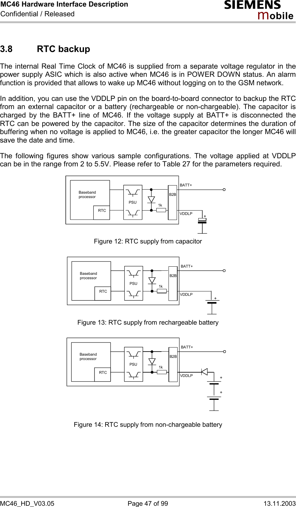 MC46 Hardware Interface Description Confidential / Released s mo b i l e MC46_HD_V03.05  Page 47 of 99  13.11.2003 3.8 RTC backup The internal Real Time Clock of MC46 is supplied from a separate voltage regulator in the power supply ASIC which is also active when MC46 is in POWER DOWN status. An alarm function is provided that allows to wake up MC46 without logging on to the GSM network.   In addition, you can use the VDDLP pin on the board-to-board connector to backup the RTC from an external capacitor or a battery (rechargeable or non-chargeable). The capacitor is charged by the BATT+ line of MC46. If the voltage supply at BATT+ is disconnected the RTC can be powered by the capacitor. The size of the capacitor determines the duration of buffering when no voltage is applied to MC46, i.e. the greater capacitor the longer MC46 will save the date and time.   The following figures show various sample configurations. The voltage applied at VDDLP can be in the range from 2 to 5.5V. Please refer to Table 27 for the parameters required.    Baseband processor RTC PSU+BATT+ 1kB2BVDDLP Figure 12: RTC supply from capacitor   RTC PSU+BATT+ 1kB2BVDDLPBaseband processor  Figure 13: RTC supply from rechargeable battery   RTC PSU++BATT+ 1kVDDLPB2BBaseband processor  Figure 14: RTC supply from non-chargeable battery 