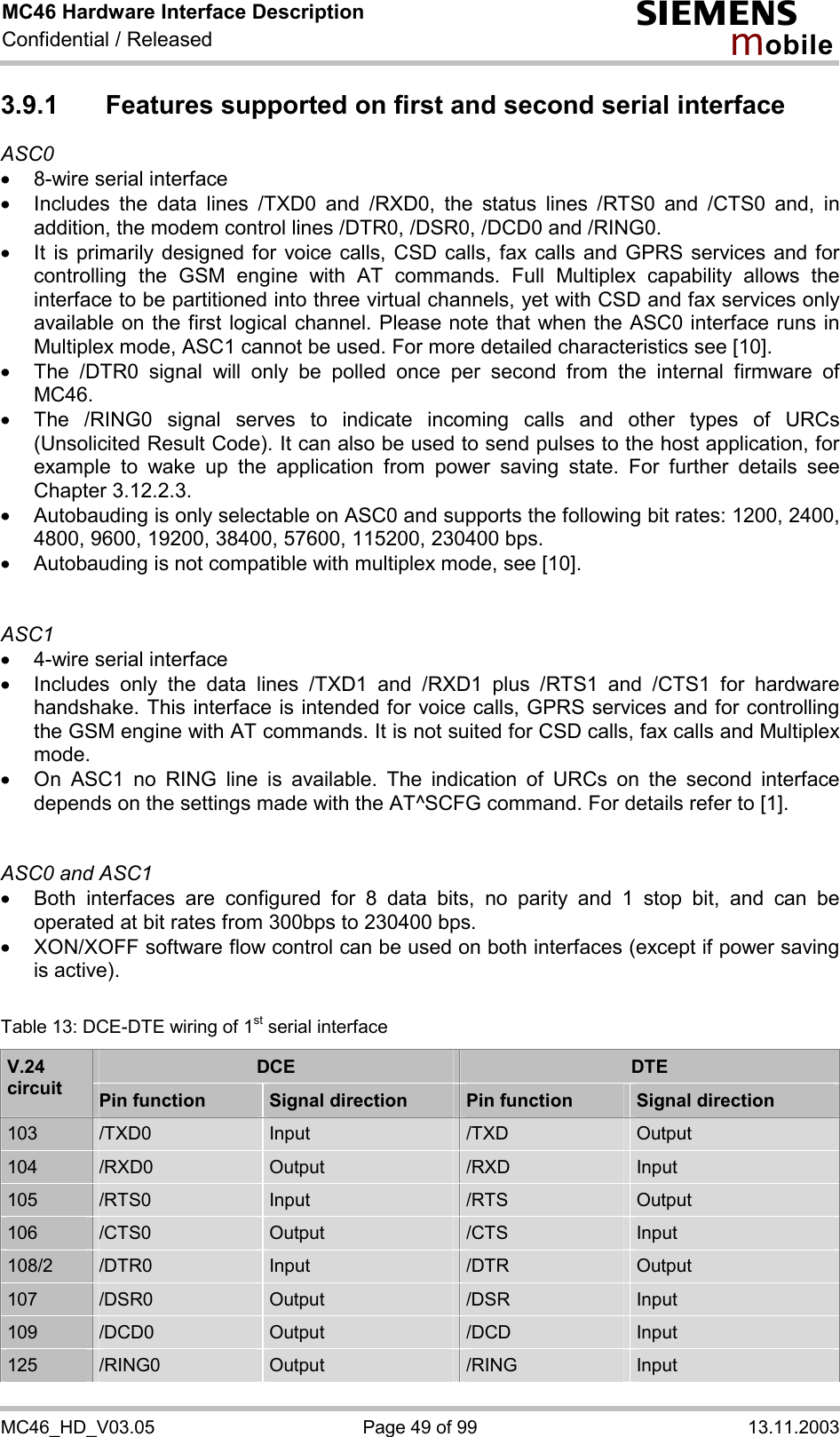 MC46 Hardware Interface Description Confidential / Released s mo b i l e MC46_HD_V03.05  Page 49 of 99  13.11.2003 3.9.1  Features supported on first and second serial interface ASC0 ·  8-wire serial interface ·  Includes the data lines /TXD0 and /RXD0, the status lines /RTS0 and /CTS0 and, in addition, the modem control lines /DTR0, /DSR0, /DCD0 and /RING0.  ·  It is primarily designed for voice calls, CSD calls, fax calls and GPRS services and for controlling the GSM engine with AT commands. Full Multiplex capability allows the interface to be partitioned into three virtual channels, yet with CSD and fax services only available on the first logical channel. Please note that when the ASC0 interface runs in Multiplex mode, ASC1 cannot be used. For more detailed characteristics see [10]. ·  The /DTR0 signal will only be polled once per second from the internal firmware of MC46.  ·  The /RING0 signal serves to indicate incoming calls and other types of URCs (Unsolicited Result Code). It can also be used to send pulses to the host application, for example to wake up the application from power saving state. For further details see Chapter 3.12.2.3. ·  Autobauding is only selectable on ASC0 and supports the following bit rates: 1200, 2400, 4800, 9600, 19200, 38400, 57600, 115200, 230400 bps.  ·  Autobauding is not compatible with multiplex mode, see [10].   ASC1 ·  4-wire serial interface ·  Includes only the data lines /TXD1 and /RXD1 plus /RTS1 and /CTS1 for hardware handshake. This interface is intended for voice calls, GPRS services and for controlling the GSM engine with AT commands. It is not suited for CSD calls, fax calls and Multiplex mode.  ·  On ASC1 no RING line is available. The indication of URCs on the second interface depends on the settings made with the AT^SCFG command. For details refer to [1].   ASC0 and ASC1 ·  Both interfaces are configured for 8 data bits, no parity and 1 stop bit, and can be operated at bit rates from 300bps to 230400 bps.  ·  XON/XOFF software flow control can be used on both interfaces (except if power saving is active).  Table 13: DCE-DTE wiring of 1st serial interface DCE  DTE V.24 circuit  Pin function  Signal direction  Pin function  Signal direction 103  /TXD0  Input  /TXD  Output 104  /RXD0  Output  /RXD  Input 105  /RTS0  Input  /RTS  Output 106  /CTS0  Output  /CTS  Input 108/2  /DTR0  Input  /DTR  Output 107  /DSR0  Output  /DSR  Input 109  /DCD0  Output  /DCD  Input 125  /RING0  Output  /RING  Input 