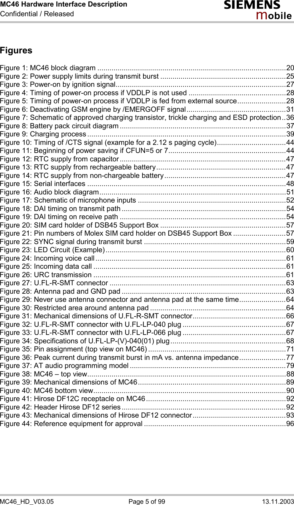 MC46 Hardware Interface Description Confidential / Released s mo b i l e MC46_HD_V03.05  Page 5 of 99  13.11.2003  Figures  Figure 1: MC46 block diagram .............................................................................................20 Figure 2: Power supply limits during transmit burst ..............................................................25 Figure 3: Power-on by ignition signal....................................................................................27 Figure 4: Timing of power-on process if VDDLP is not used ................................................28 Figure 5: Timing of power-on process if VDDLP is fed from external source........................28 Figure 6: Deactivating GSM engine by /EMERGOFF signal.................................................31 Figure 7: Schematic of approved charging transistor, trickle charging and ESD protection..36 Figure 8: Battery pack circuit diagram ..................................................................................37 Figure 9: Charging process ..................................................................................................39 Figure 10: Timing of /CTS signal (example for a 2.12 s paging cycle)..................................44 Figure 11: Beginning of power saving if CFUN=5 or 7..........................................................44 Figure 12: RTC supply from capacitor..................................................................................47 Figure 13: RTC supply from rechargeable battery................................................................47 Figure 14: RTC supply from non-chargeable battery............................................................47 Figure 15: Serial interfaces ..................................................................................................48 Figure 16: Audio block diagram............................................................................................51 Figure 17: Schematic of microphone inputs .........................................................................52 Figure 18: DAI timing on transmit path .................................................................................54 Figure 19: DAI timing on receive path ..................................................................................54 Figure 20: SIM card holder of DSB45 Support Box ..............................................................57 Figure 21: Pin numbers of Molex SIM card holder on DSB45 Support Box ..........................57 Figure 22: SYNC signal during transmit burst ......................................................................59 Figure 23: LED Circuit (Example).........................................................................................60 Figure 24: Incoming voice call..............................................................................................61 Figure 25: Incoming data call ...............................................................................................61 Figure 26: URC transmission ...............................................................................................61 Figure 27: U.FL-R-SMT connector .......................................................................................63 Figure 28: Antenna pad and GND pad .................................................................................63 Figure 29: Never use antenna connector and antenna pad at the same time.......................64 Figure 30: Restricted area around antenna pad ...................................................................64 Figure 31: Mechanical dimensions of U.FL-R-SMT connector..............................................66 Figure 32: U.FL-R-SMT connector with U.FL-LP-040 plug ...................................................67 Figure 33: U.FL-R-SMT connector with U.FL-LP-066 plug ...................................................67 Figure 34: Specifications of U.FL-LP-(V)-040(01) plug.........................................................68 Figure 35: Pin assignment (top view on MC46) ....................................................................71 Figure 36: Peak current during transmit burst in mA vs. antenna impedance.......................77 Figure 37: AT audio programming model .............................................................................79 Figure 38: MC46 – top view..................................................................................................88 Figure 39: Mechanical dimensions of MC46.........................................................................89 Figure 40: MC46 bottom view...............................................................................................90 Figure 41: Hirose DF12C receptacle on MC46.....................................................................92 Figure 42: Header Hirose DF12 series .................................................................................92 Figure 43: Mechanical dimensions of Hirose DF12 connector..............................................93 Figure 44: Reference equipment for approval ......................................................................96  