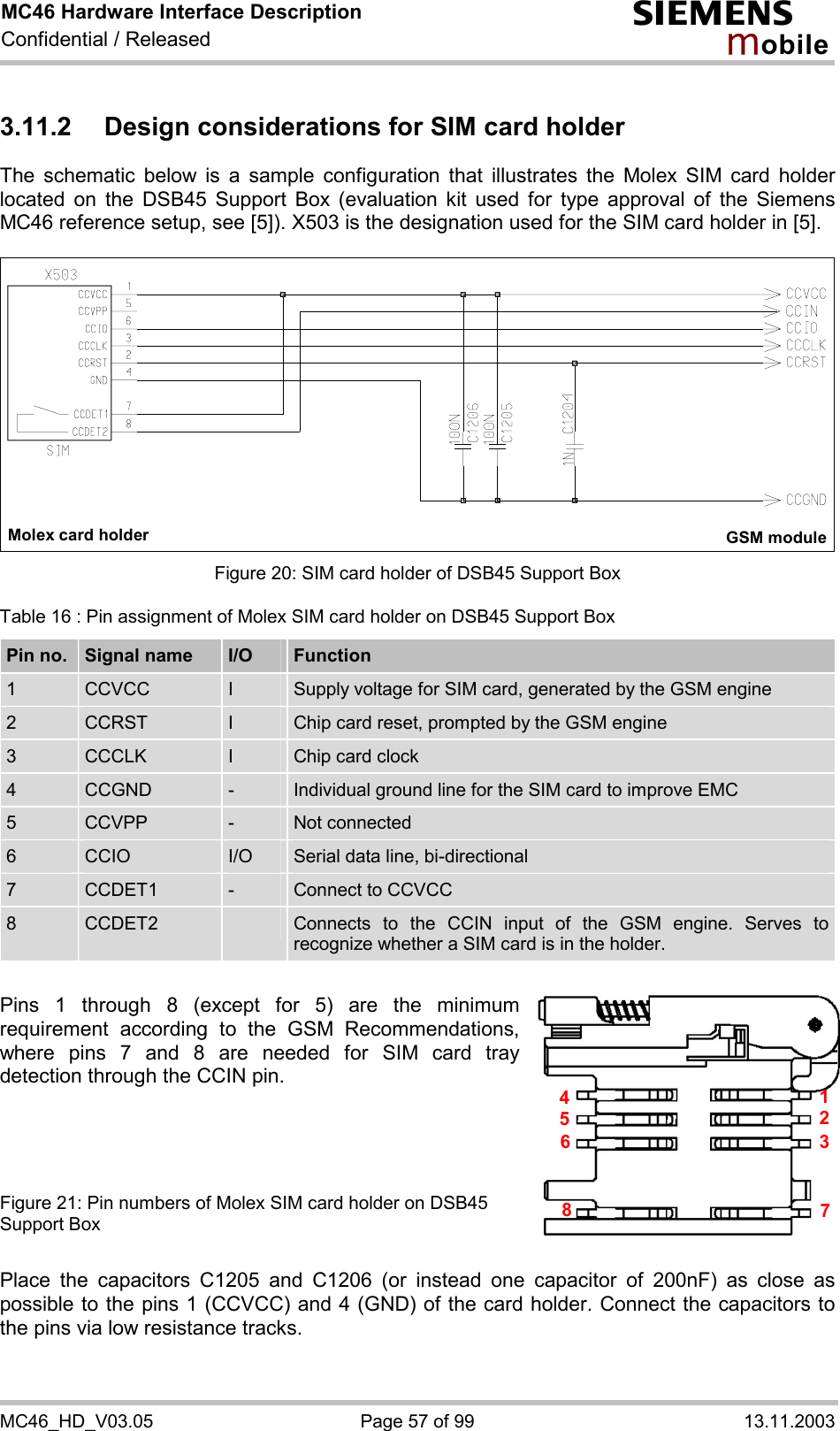 MC46 Hardware Interface Description Confidential / Released s mo b i l e MC46_HD_V03.05  Page 57 of 99  13.11.2003 3.11.2 Design considerations for SIM card holder The schematic below is a sample configuration that illustrates the Molex SIM card holder located on the DSB45 Support Box (evaluation kit used for type approval of the Siemens MC46 reference setup, see [5]). X503 is the designation used for the SIM card holder in [5].   Molex card holder GSM module  Figure 20: SIM card holder of DSB45 Support Box Table 16 : Pin assignment of Molex SIM card holder on DSB45 Support Box Pin no.  Signal name  I/O  Function 1  CCVCC  I  Supply voltage for SIM card, generated by the GSM engine 2  CCRST  I  Chip card reset, prompted by the GSM engine 3  CCCLK  I  Chip card clock 4  CCGND  -  Individual ground line for the SIM card to improve EMC 5  CCVPP  -  Not connected 6  CCIO  I/O  Serial data line, bi-directional 7  CCDET1  -  Connect to CCVCC  8  CCDET2   Connects to the CCIN input of the GSM engine. Serves to recognize whether a SIM card is in the holder.    Pins 1 through 8 (except for 5) are the minimum requirement according to the GSM Recommendations, where pins 7 and 8 are needed for SIM card tray detection through the CCIN pin.      Figure 21: Pin numbers of Molex SIM card holder on DSB45 Support Box  Place the capacitors C1205 and C1206 (or instead one capacitor of 200nF) as close as possible to the pins 1 (CCVCC) and 4 (GND) of the card holder. Connect the capacitors to the pins via low resistance tracks.  45127836