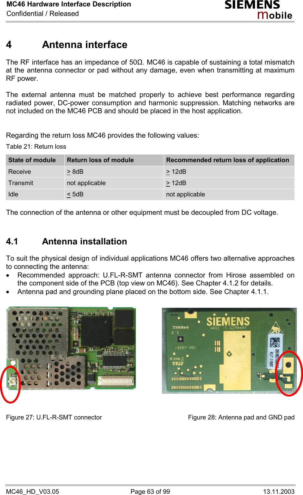 MC46 Hardware Interface Description Confidential / Released s mo b i l e MC46_HD_V03.05  Page 63 of 99  13.11.2003 4 Antenna interface The RF interface has an impedance of 50&quot;. MC46 is capable of sustaining a total mismatch at the antenna connector or pad without any damage, even when transmitting at maximum RF power.   The external antenna must be matched properly to achieve best performance regarding radiated power, DC-power consumption and harmonic suppression. Matching networks are not included on the MC46 PCB and should be placed in the host application.    Regarding the return loss MC46 provides the following values: Table 21: Return loss State of module  Return loss of module  Recommended return loss of application Receive  &gt; 8dB  &gt; 12dB  Transmit   not applicable   &gt; 12dB  Idle  &lt; 5dB   not applicable  The connection of the antenna or other equipment must be decoupled from DC voltage.  4.1 Antenna installation To suit the physical design of individual applications MC46 offers two alternative approaches to connecting the antenna:  ·  Recommended approach: U.FL-R-SMT antenna connector from Hirose assembled on the component side of the PCB (top view on MC46). See Chapter 4.1.2 for details. ·  Antenna pad and grounding plane placed on the bottom side. See Chapter 4.1.1.    Figure 27: U.FL-R-SMT connector  Figure 28: Antenna pad and GND pad  