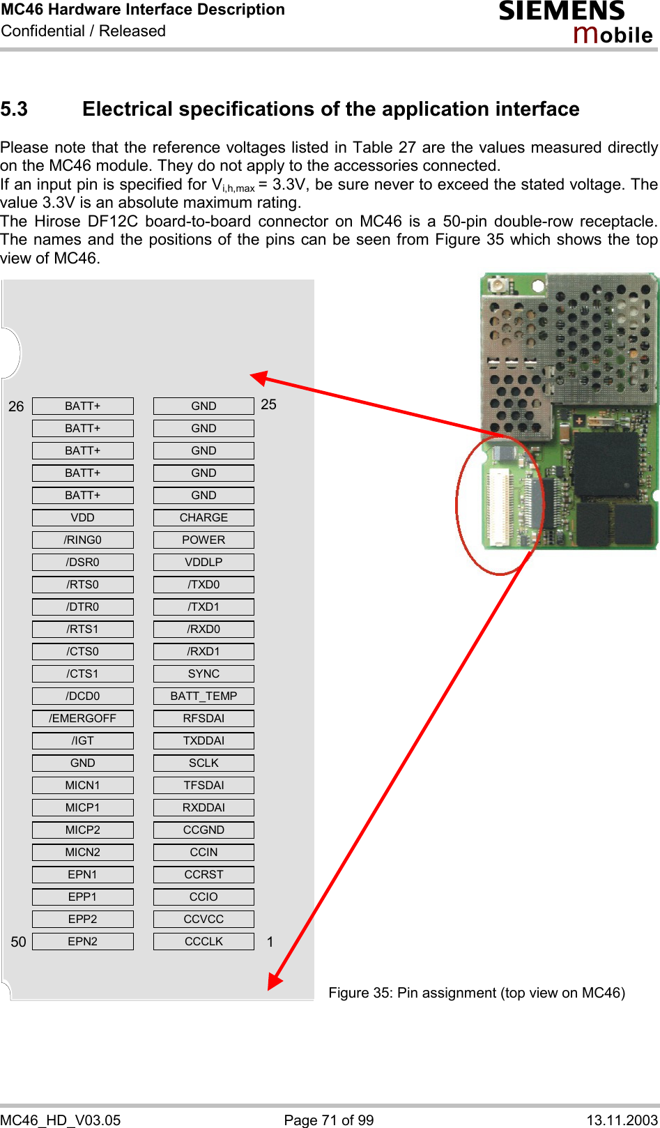 MC46 Hardware Interface Description Confidential / Released s mo b i l e MC46_HD_V03.05  Page 71 of 99  13.11.2003 5.3 Electrical specifications of the application interface Please note that the reference voltages listed in Table 27 are the values measured directly on the MC46 module. They do not apply to the accessories connected.  If an input pin is specified for Vi,h,max = 3.3V, be sure never to exceed the stated voltage. The value 3.3V is an absolute maximum rating.  The Hirose DF12C board-to-board connector on MC46 is a 50-pin double-row receptacle. The names and the positions of the pins can be seen from Figure 35 which shows the top view of MC46.                                        Figure 35: Pin assignment (top view on MC46) BATT+   GND BATT+   GND BATT+   GND BATT+   GND BATT+   GND VDD  CHARGE /RING0   POWER /DSR0   VDDLP /RTS0   /TXD0 /DTR0   /TXD1 /RTS1   /RXD0 /CTS0   /RXD1 /CTS1   SYNC /DCD0  BATT_TEMP /EMERGOFF   RFSDAI /IGT  TXDDAI GND   SCLK MICN1   TFSDAI MICP1   RXDDAI MICP2   CCGND MICN2   CCIN EPN1   CCRST EPP1   CCIO EPP2   CCVCC EPN2   CCCLK  2650251